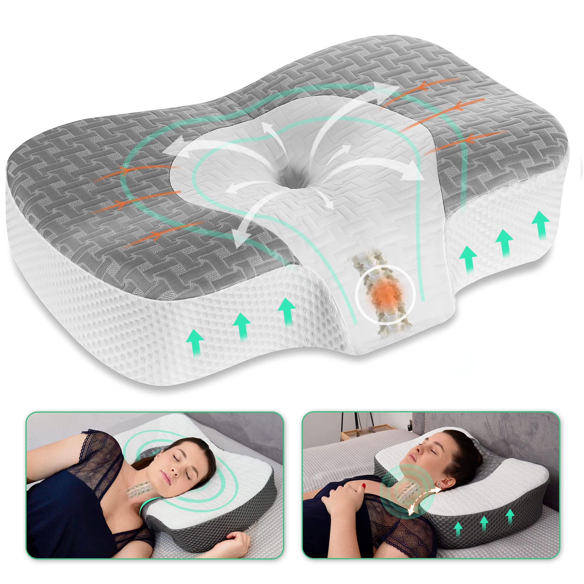 Elviros pillow front view showing full cervical shape and adjustable design benefit
