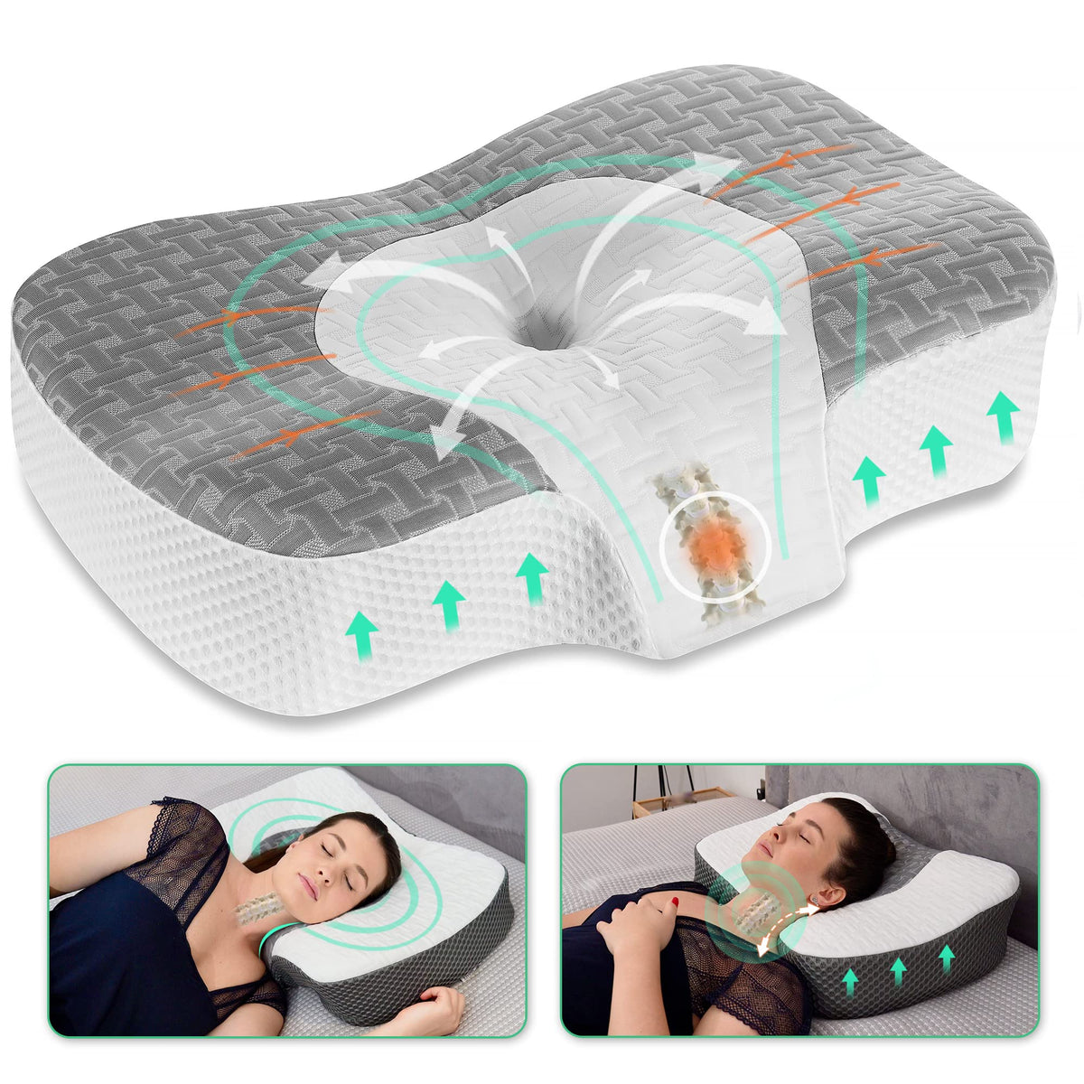 Elviros pillow front view showing full cervical shape and adjustable design benefit