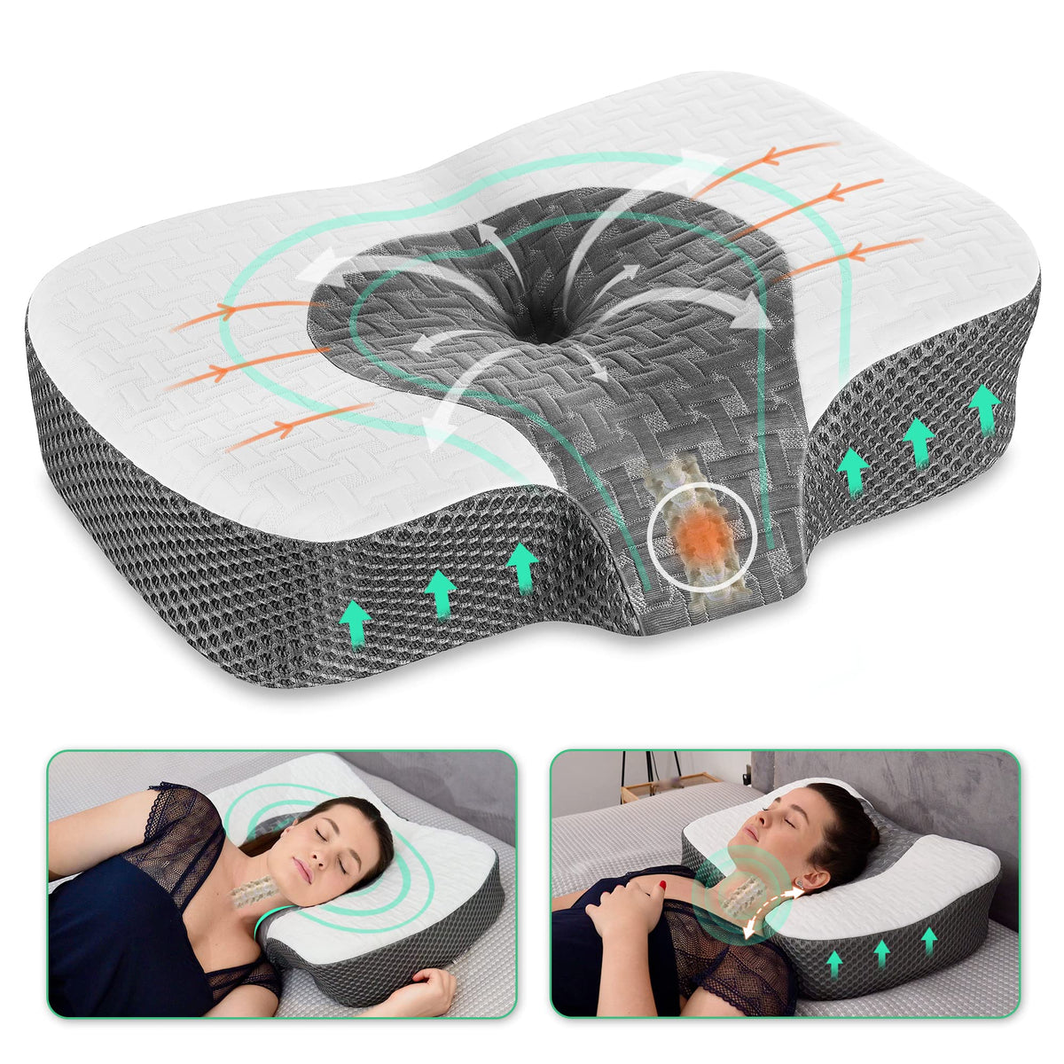 Elviros front packaging view showing pillow and adjustable inserts for tailored support