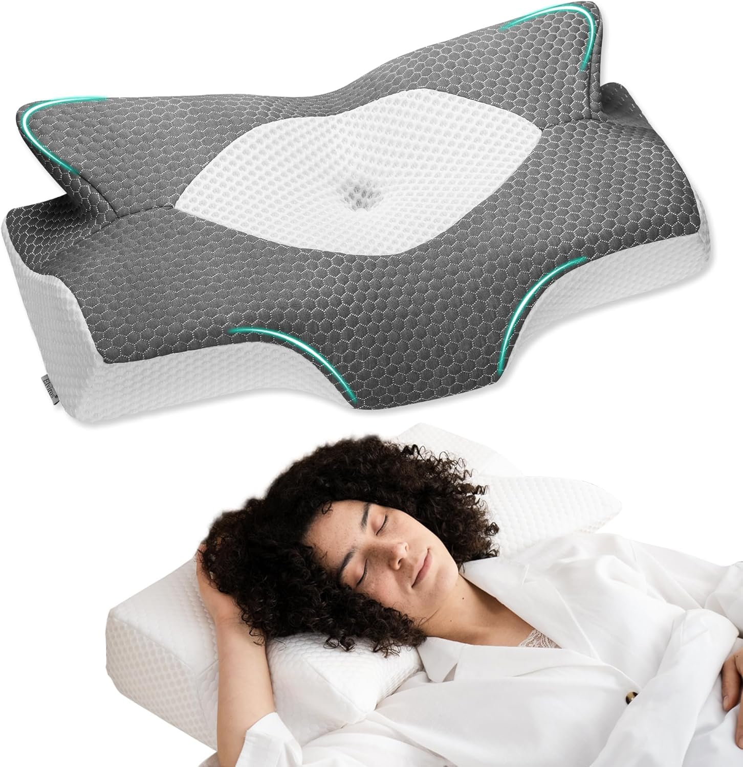 Elviros front view of cervical pillow showing ergonomic shape and supportive benefit