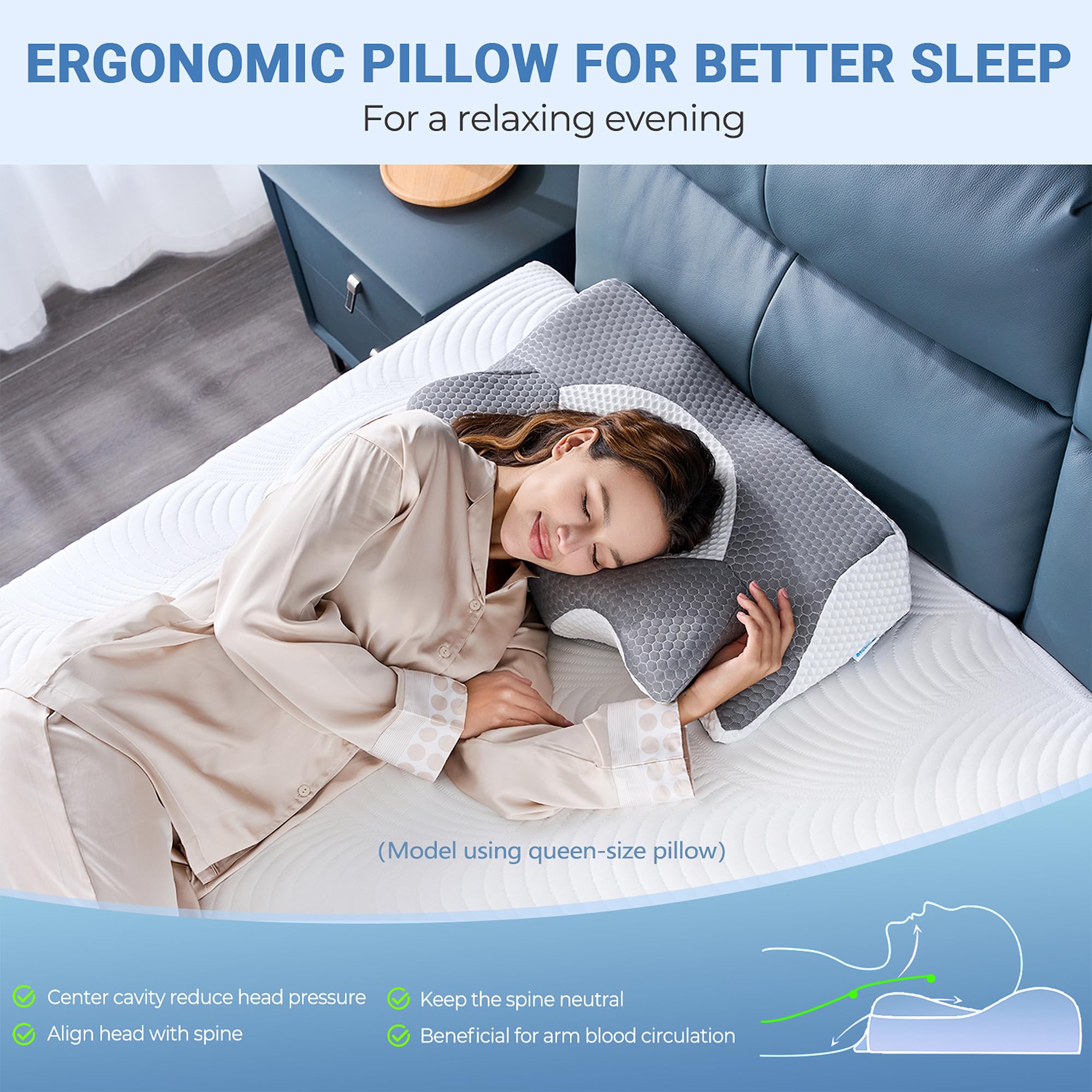 Elviros in-bed side sleeping setup showing natural neck alignment benefit