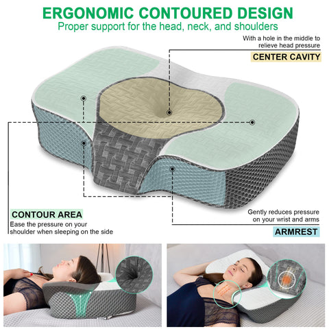 Elviros pillow in bed with side sleeper demonstrating improved head and shoulder positioning
