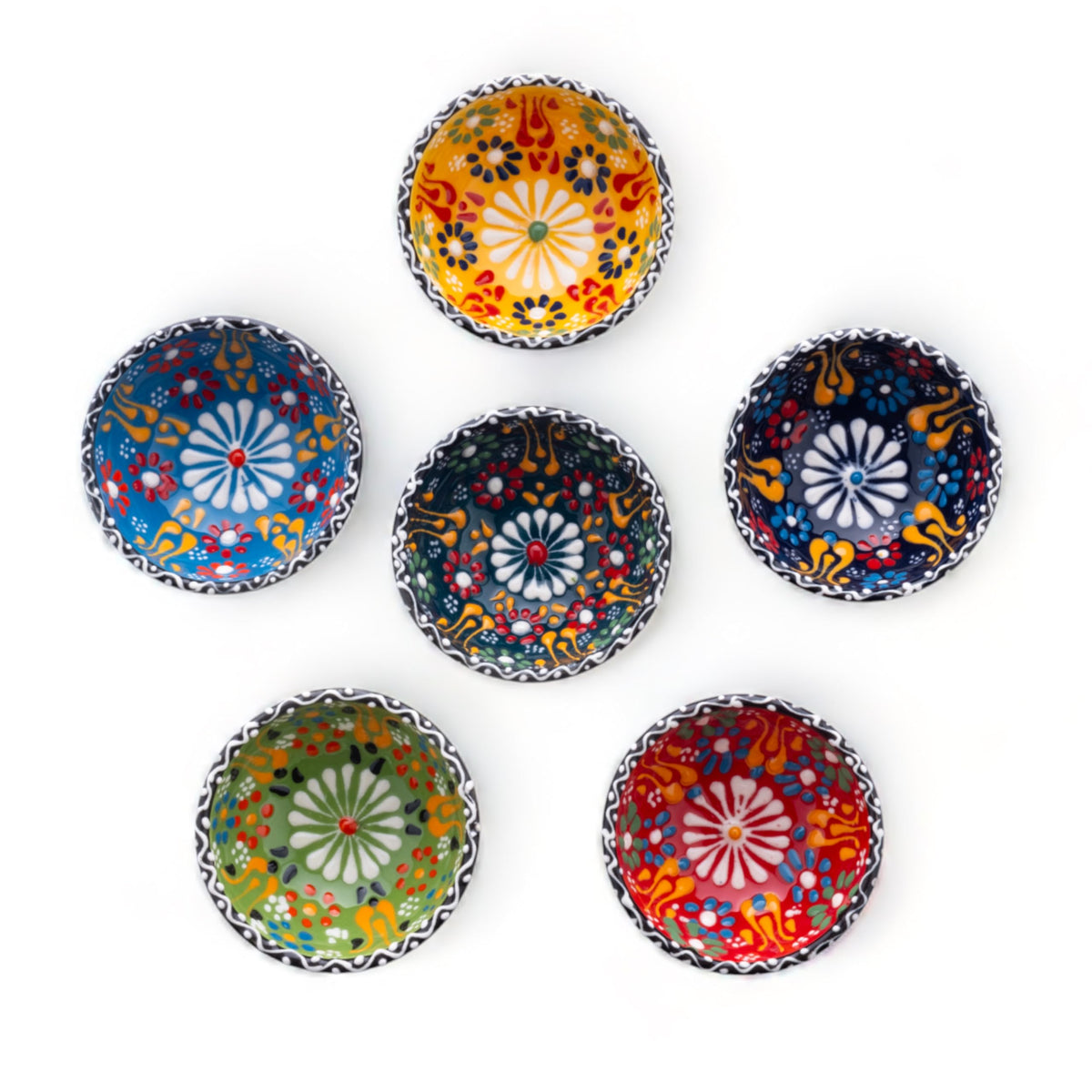 Elyese front view of six bowls showing colorful SULTAN'S GARDEN design and appeal