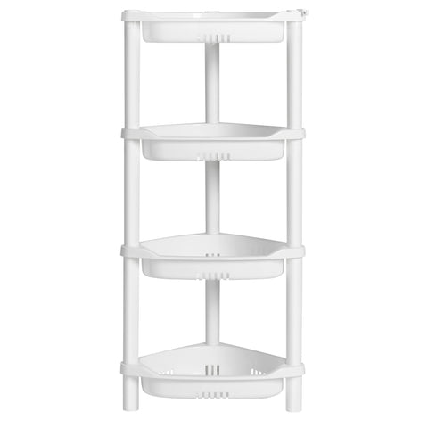 ELYKEN front view of 4-tier corner shower caddy showing neat organized bottles and space savings