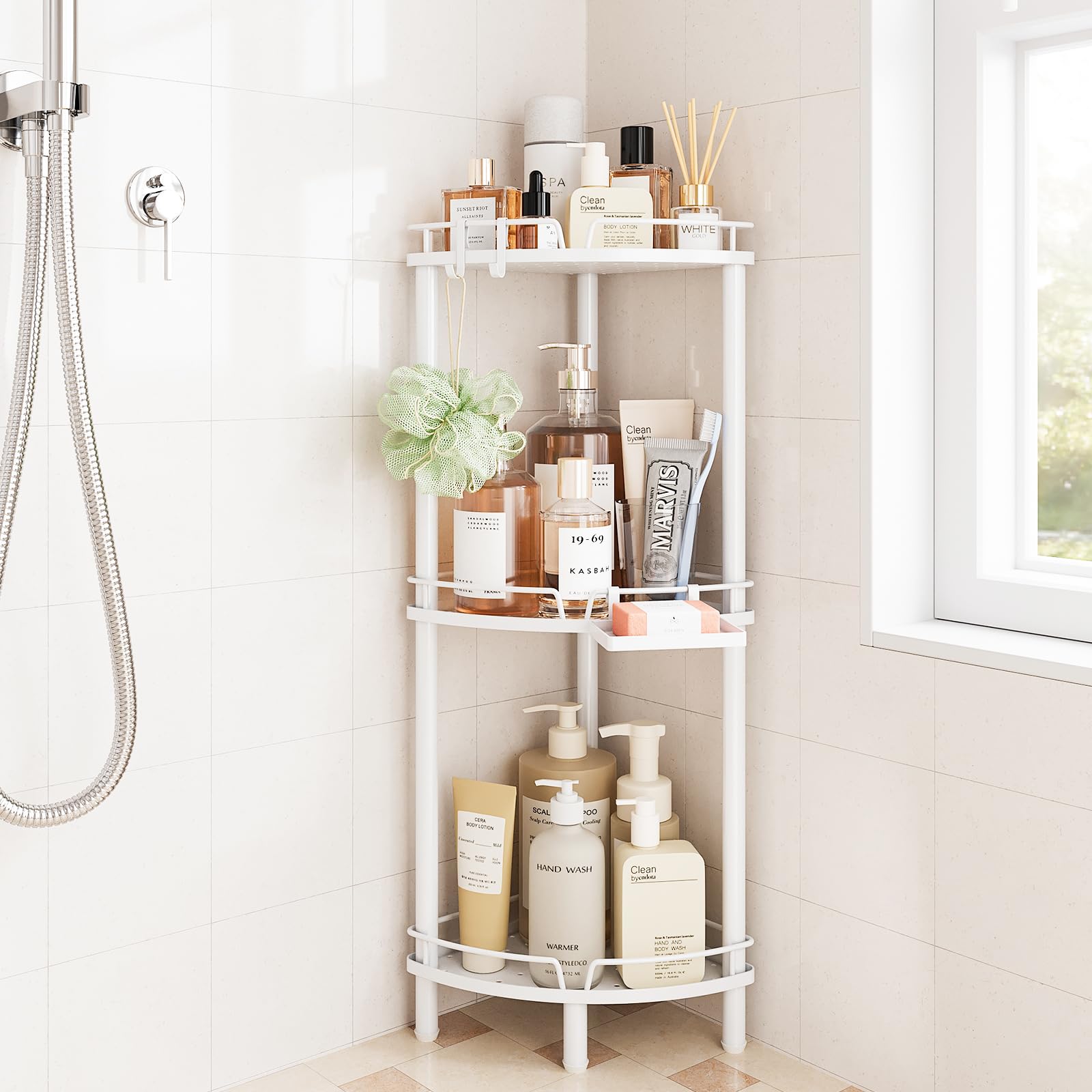 ELYKEN front view of three-tier corner caddy showing organized bottles