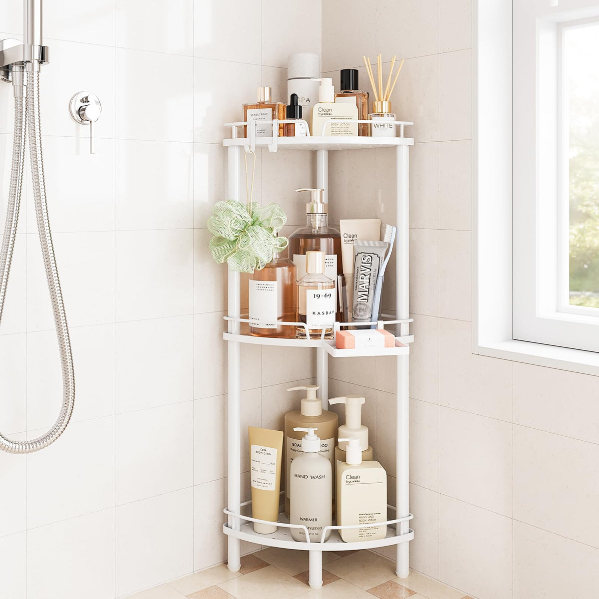 ELYKEN front view of three-tier corner caddy showing organized bottles