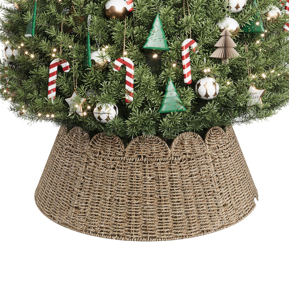 ELYKEN front view of rattan tree collar showing tidy base and rustic charm