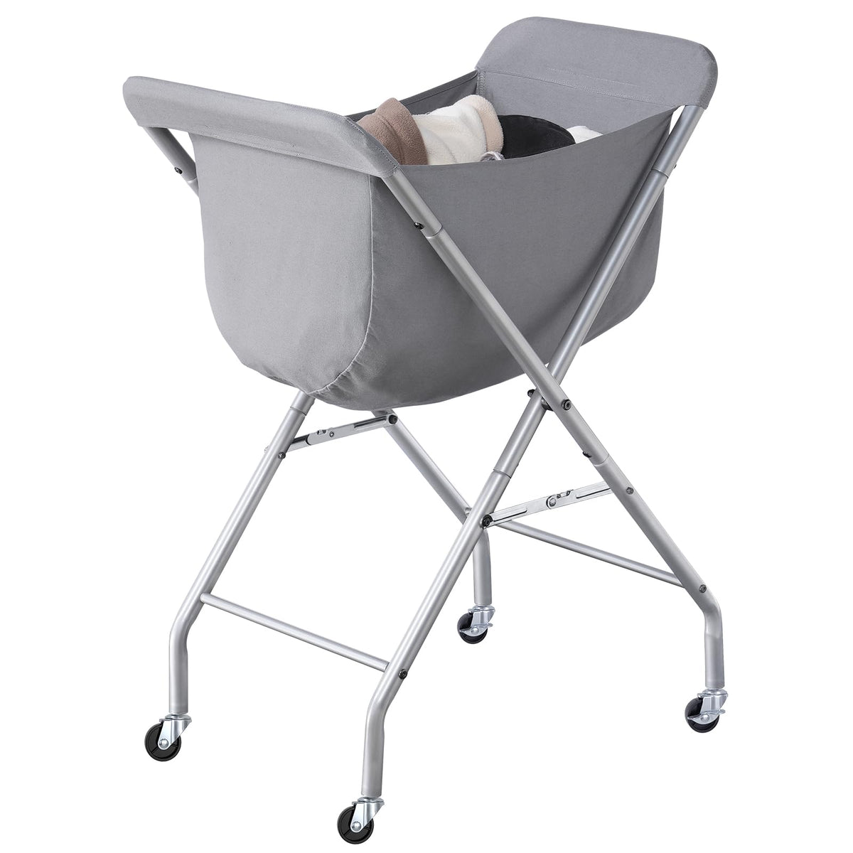 ELYKEN front view of tall gray laundry basket showing ergonomic height and sturdy look