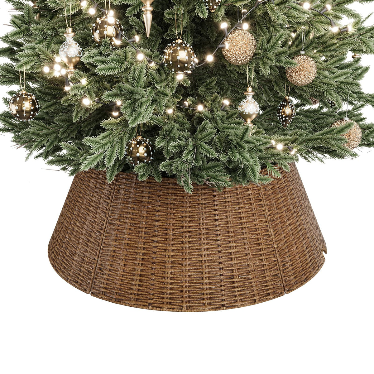ELYKEN front view showing wicker collar hiding tree stand and adding farmhouse charm