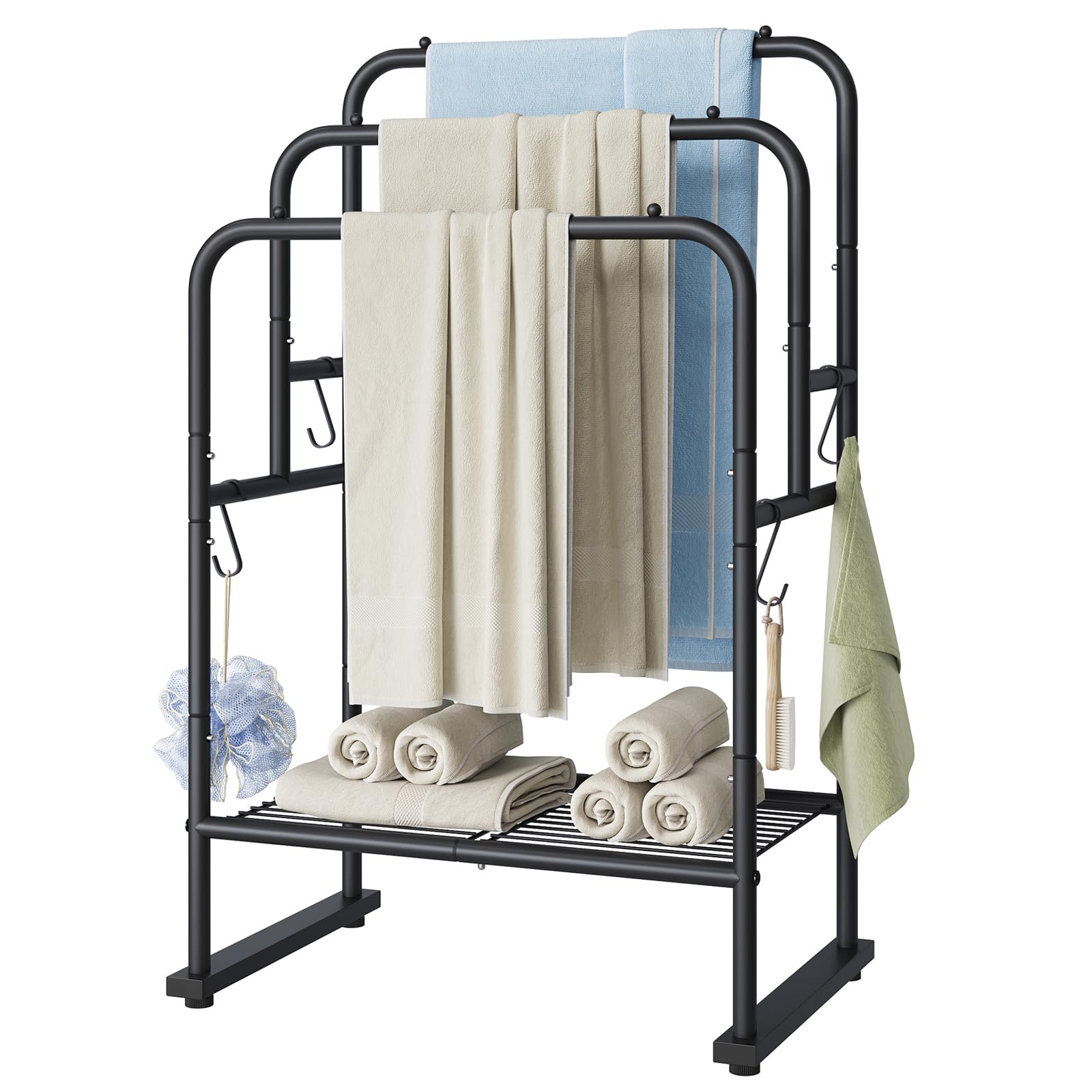 ELYKEN front view of 3-tier towel rack showing bars and shelf for organized drying