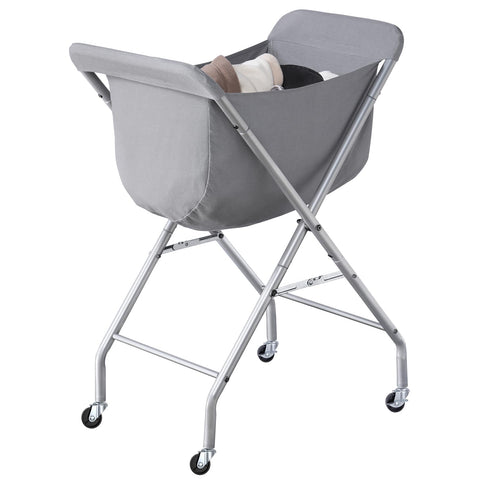ELYKEN front view of tall gray laundry basket showing ergonomic height and sturdy look