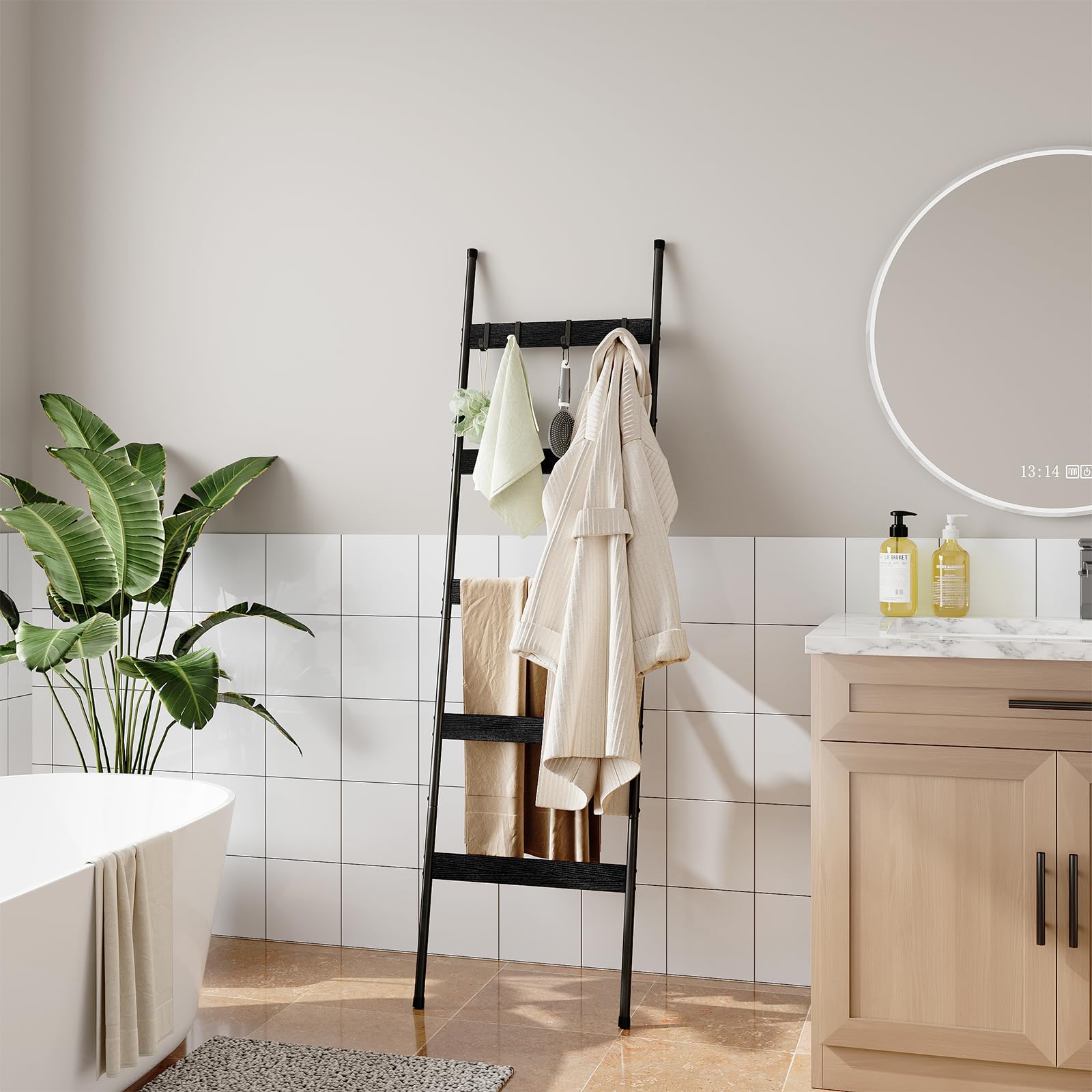 ELYKEN ladder styled in bathroom demonstrating towel organization and space saving