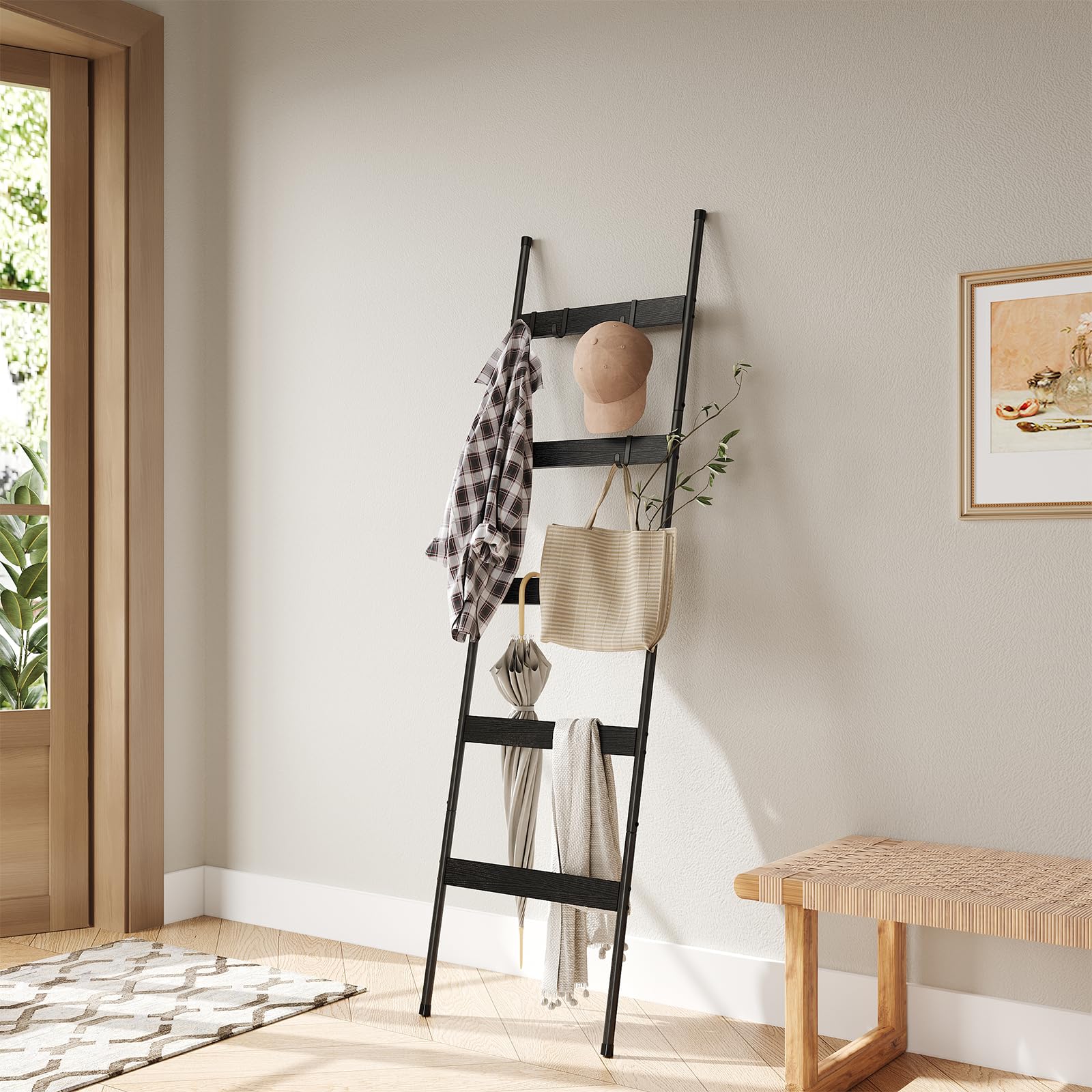 ELYKEN ladder used in living room displaying throws for decorative organization