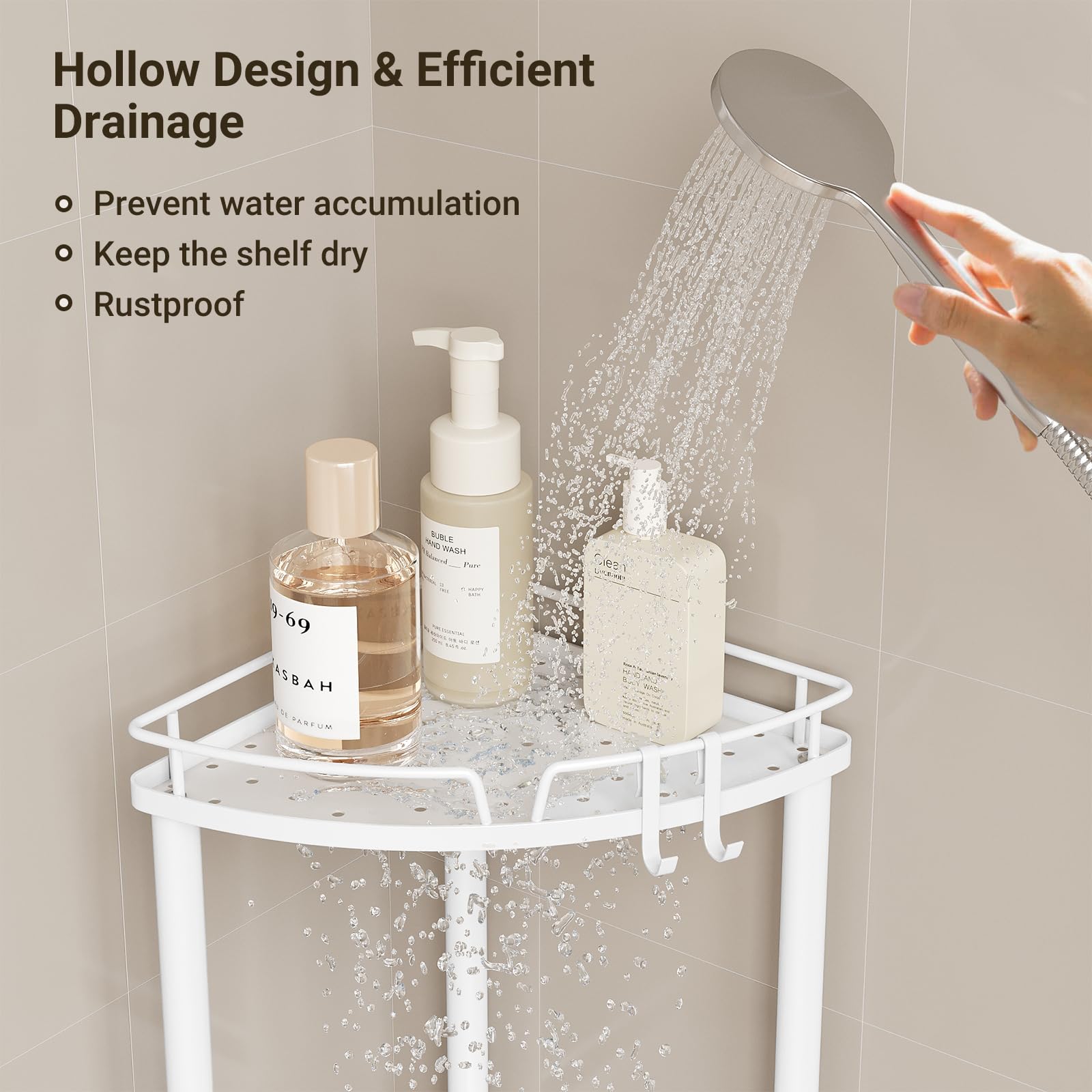 ELYKEN freestanding caddy in shower illustrating easy no-drill setup