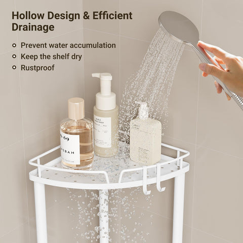 ELYKEN freestanding caddy in shower illustrating easy no-drill setup