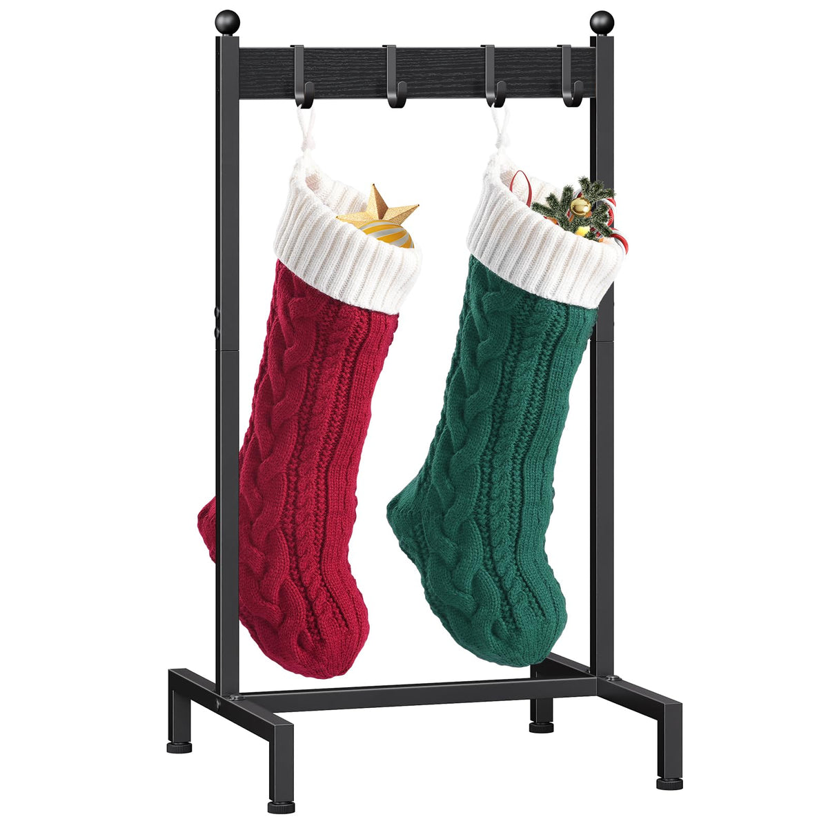 ELYKEN front view of full stocking stand showing stable design and festive display