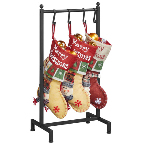 ELYKEN front view of stocking stand showing stable black frame and hung stockings