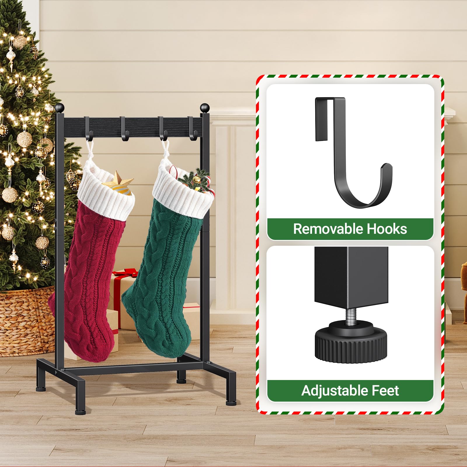 ELYKEN lifestyle shot of stand with stockings beside a tree creating a mantel-free focal point