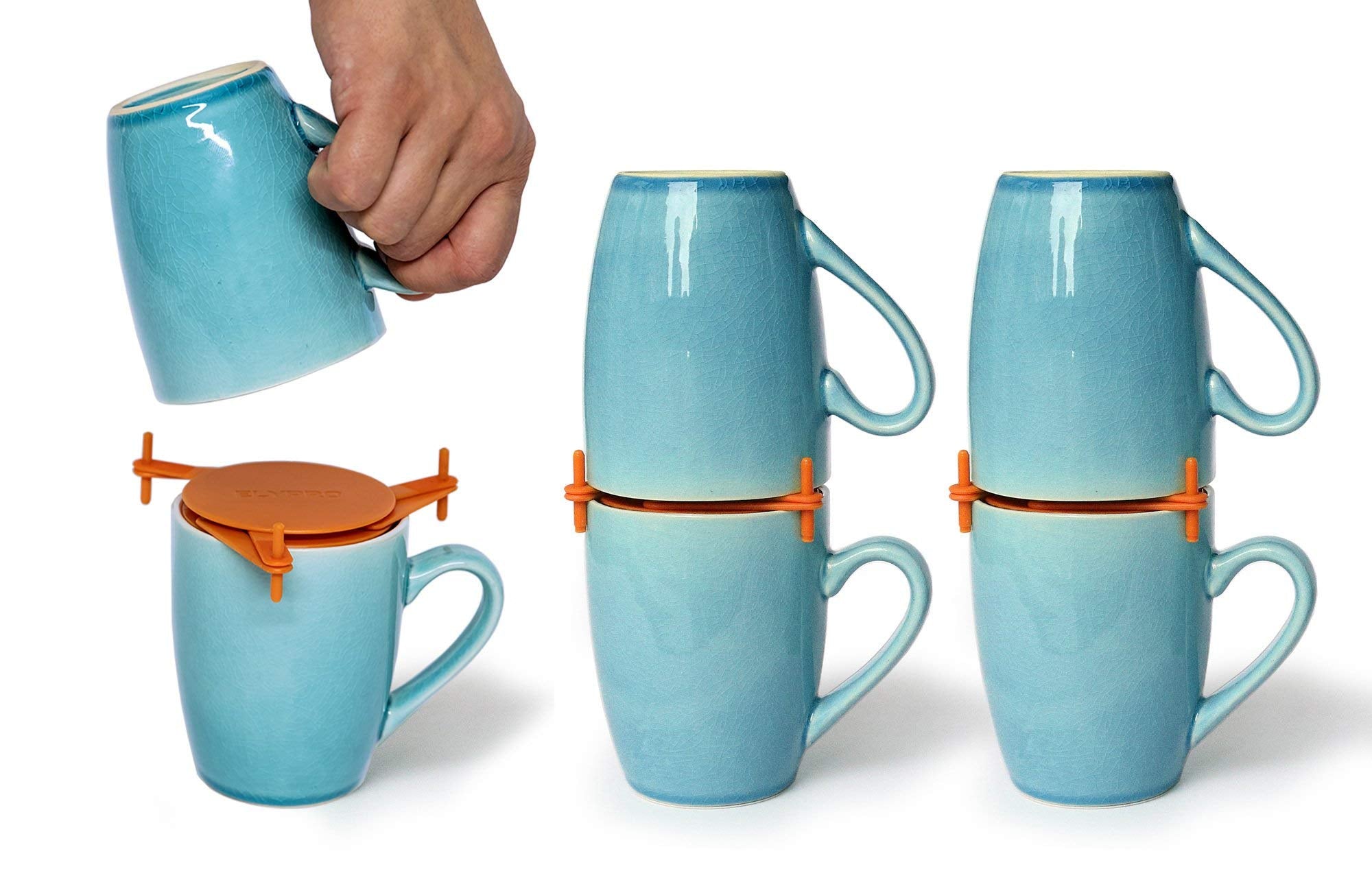 ELYPRO front packaging showing six orange mug stackers and space-saving benefit