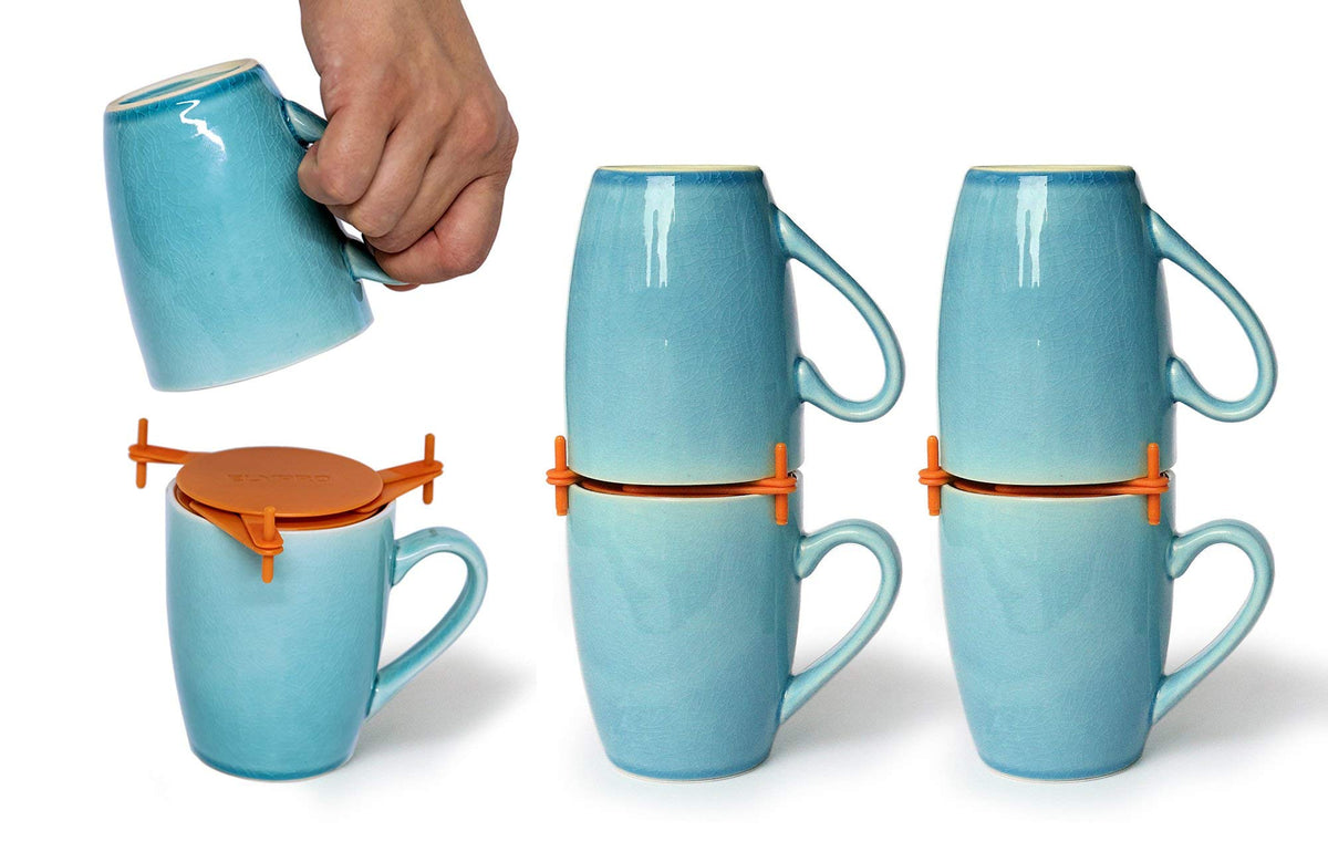 ELYPRO front packaging showing six orange mug stackers and space-saving benefit