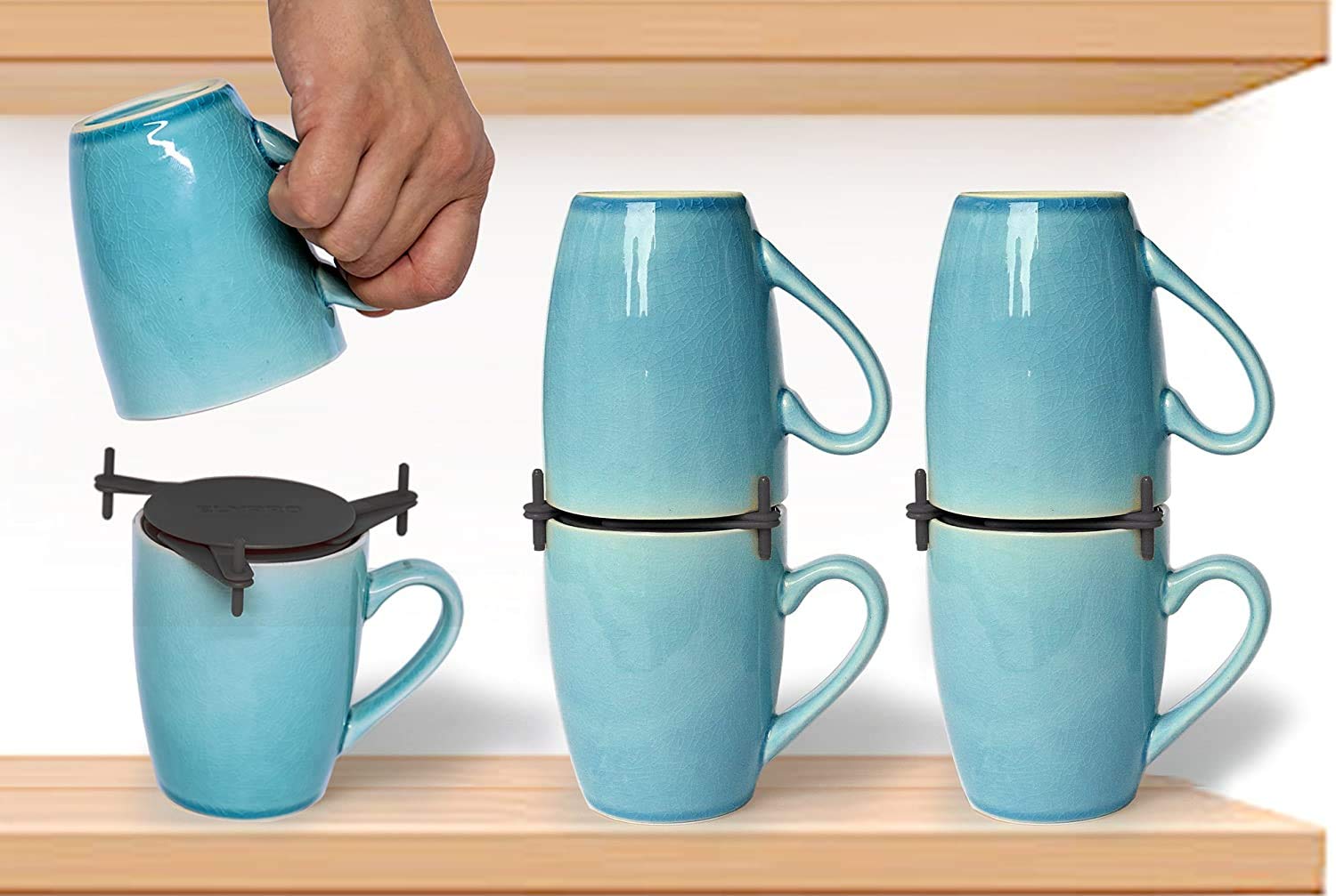 ELYPRO product front packaging showing six black mug stackers and storage benefit
