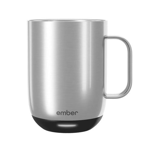 Ember mug 2 front view showing stainless finish and LED indicator for perfect temperature