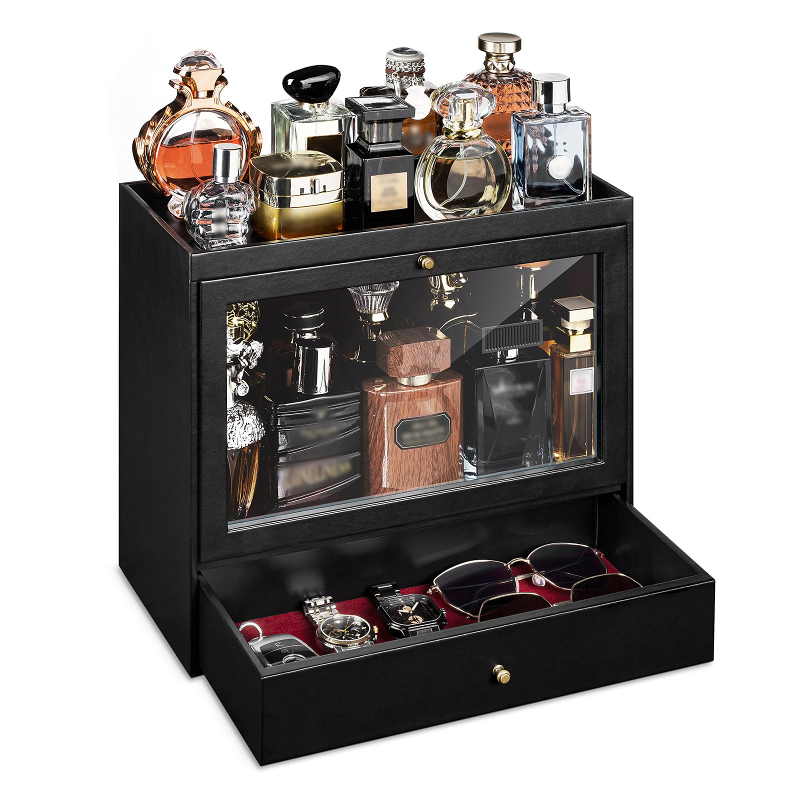 Emfogo front view of cologne organizer showing leather finish and neat bottle display