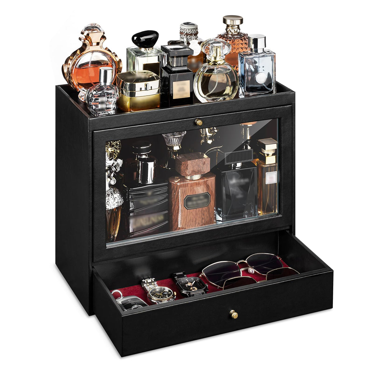 Emfogo front view of cologne organizer showing leather finish and neat bottle display