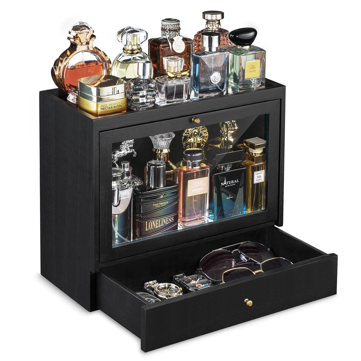 Emfogo front view solid wood organizer displays colognes neatly and saves space