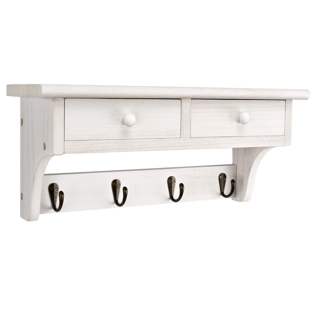 Emfogo front view of rustic white coat rack showing hooks and shelf for tidy storage