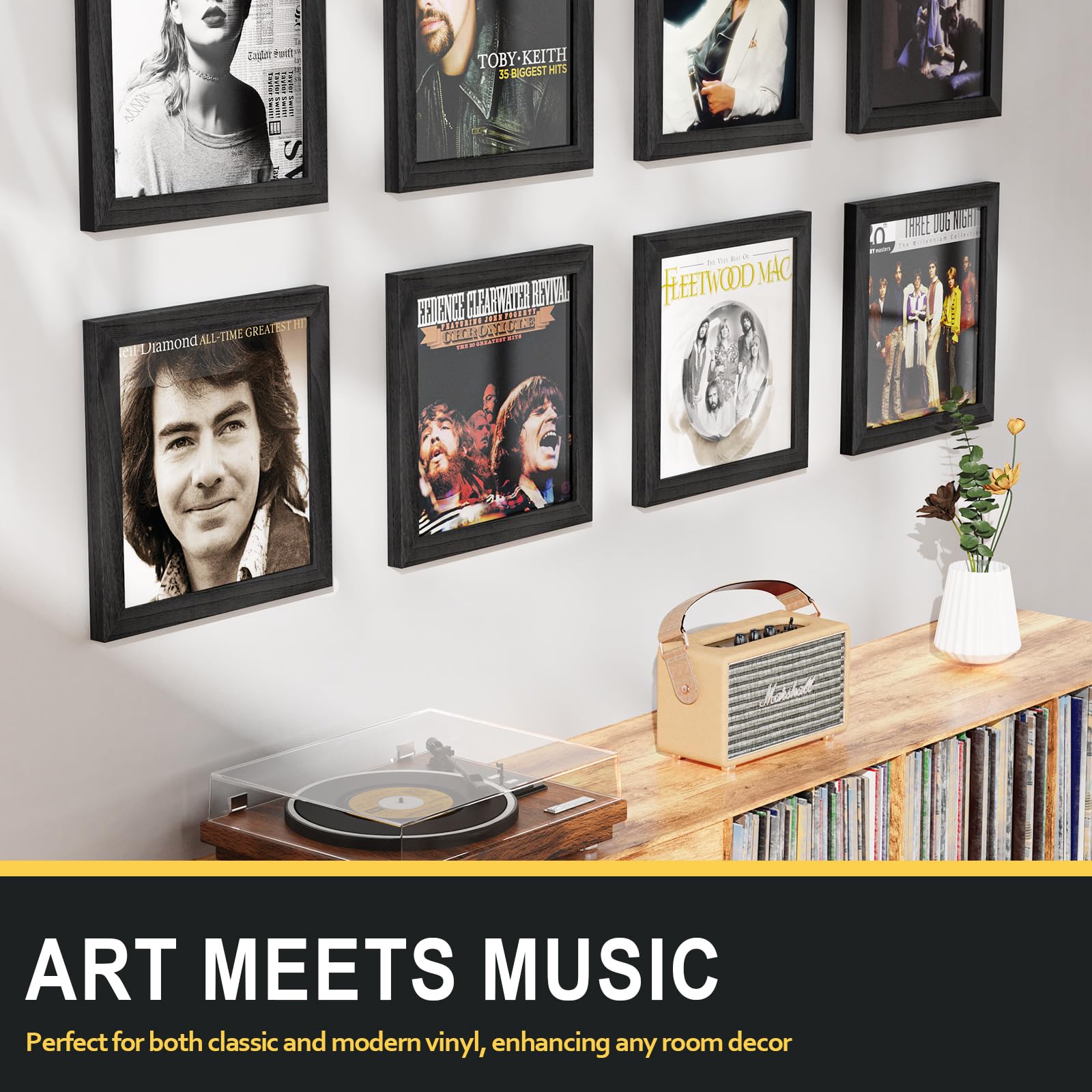 Emfogo framed records on wall adding decor and personalized style benefit