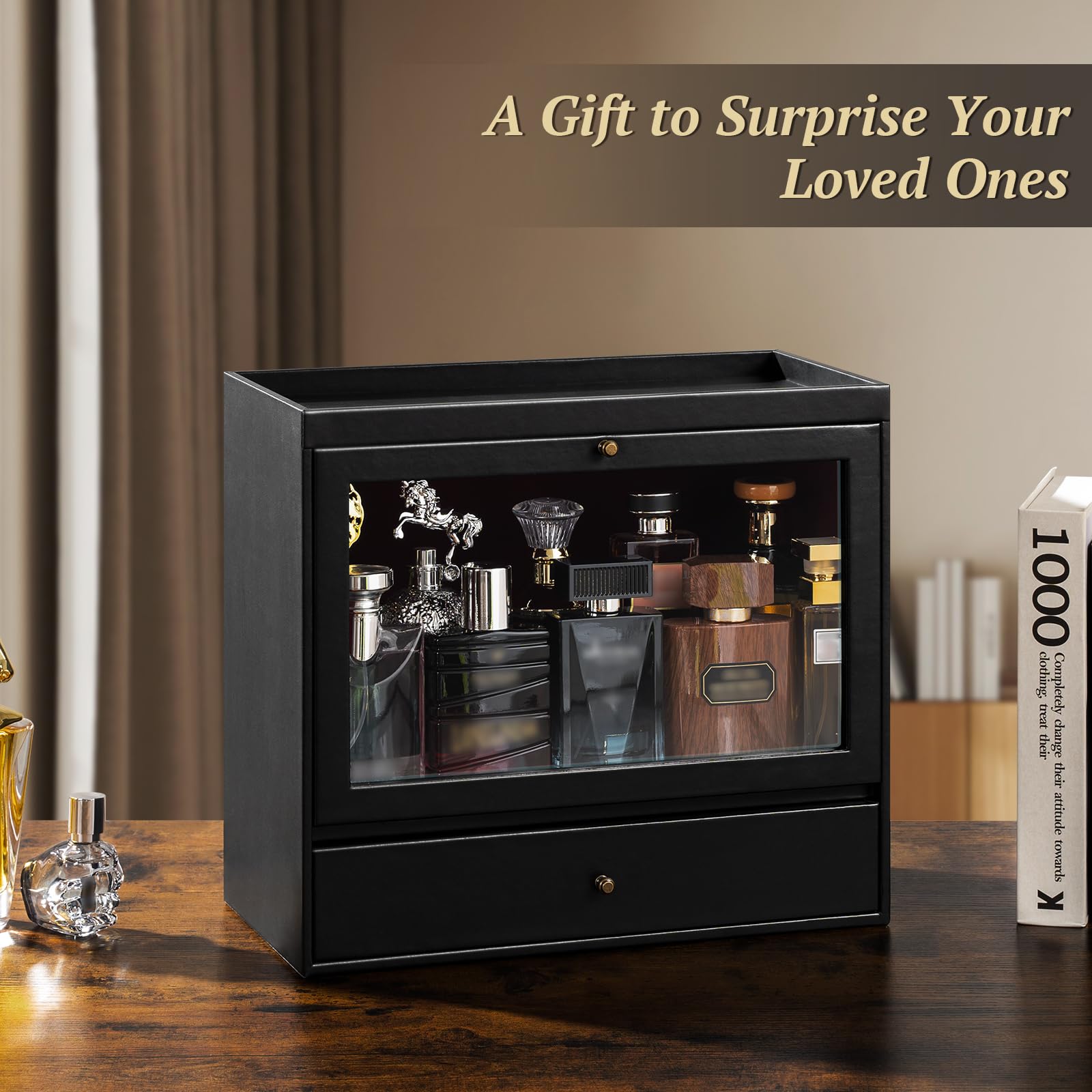 Emfogo on dresser with accessories demonstrating a clutter-free vanity benefit