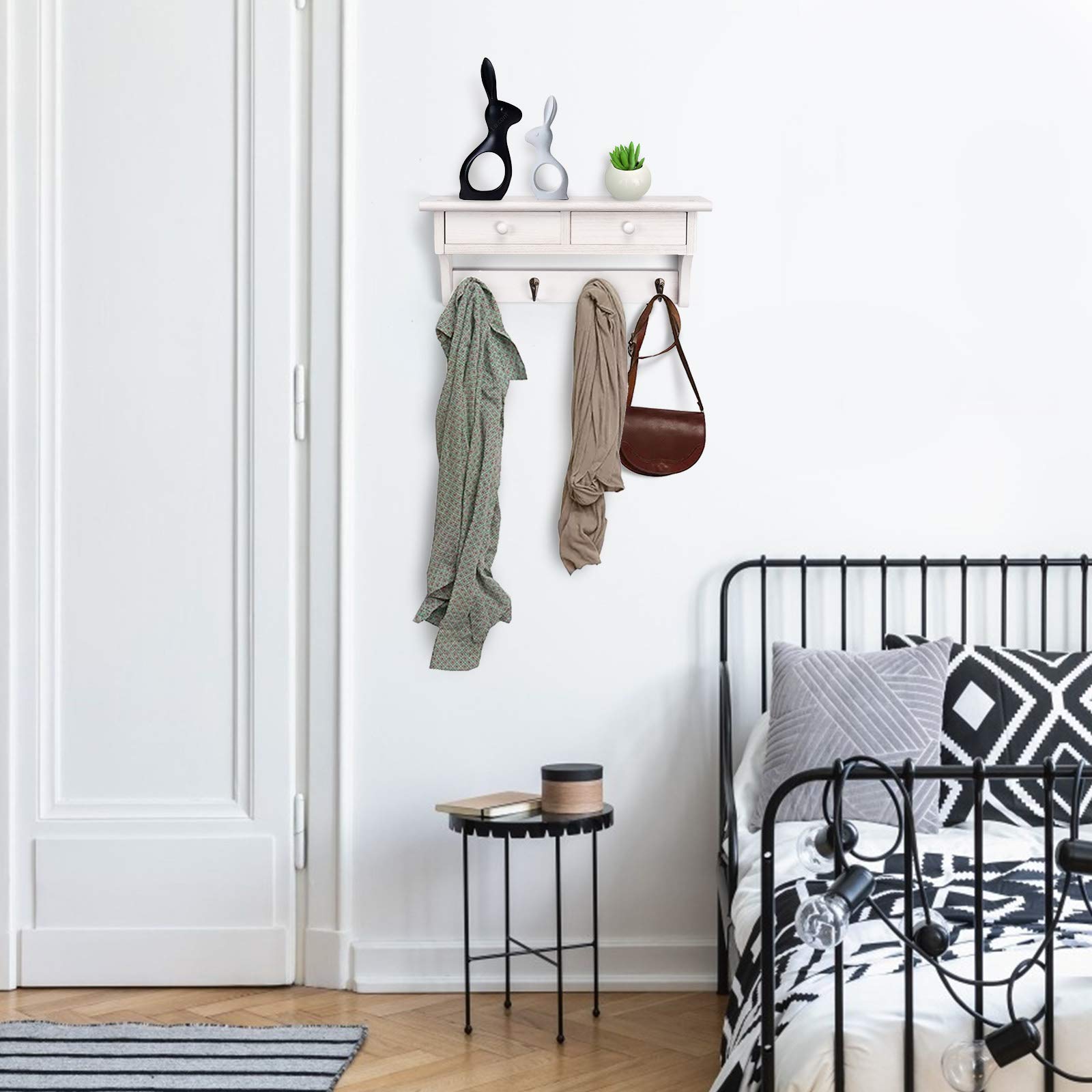 Emfogo shelf in entryway styled with keys, plants and coats showing practical use
