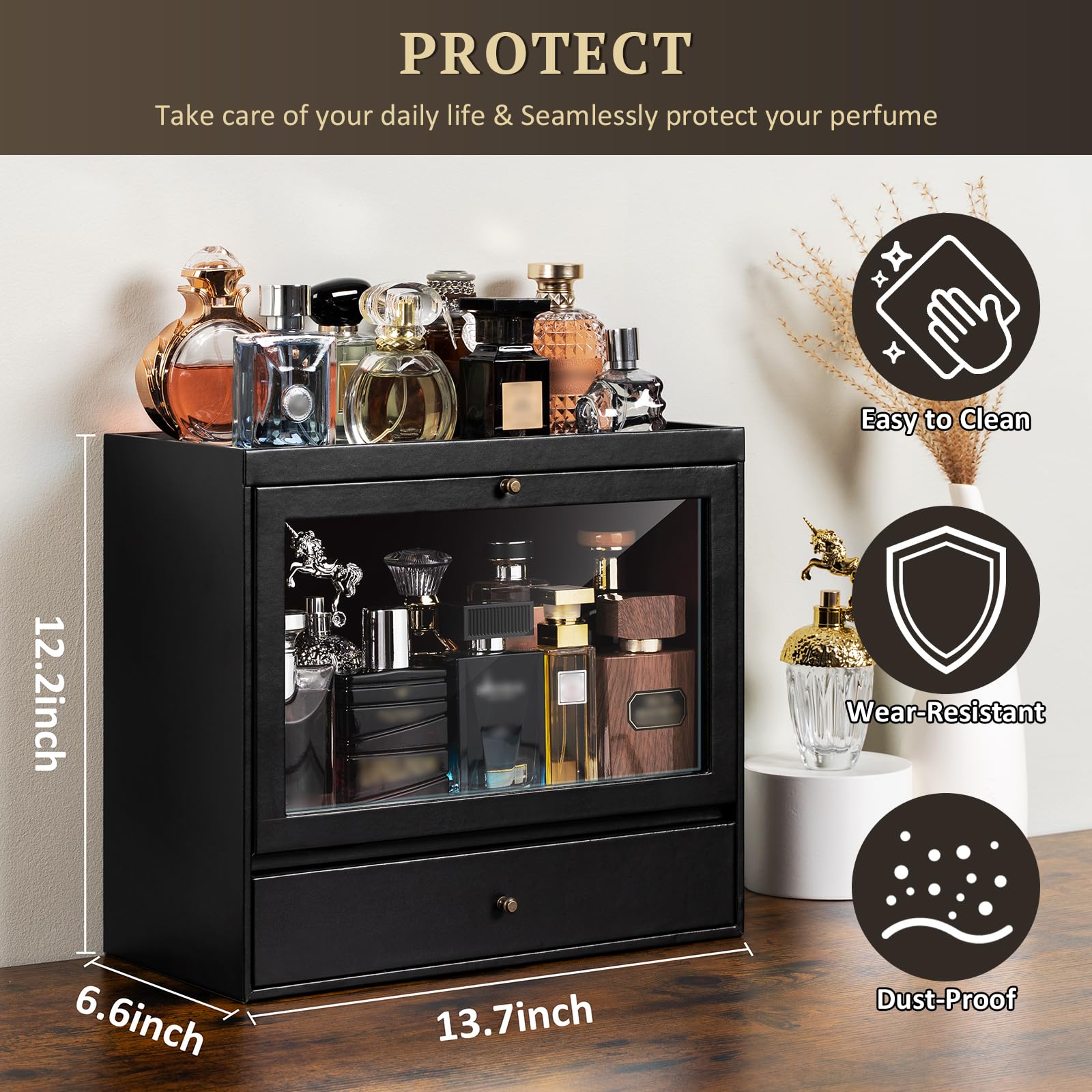 Emfogo three-tier display filled with various perfume bottles for organized access