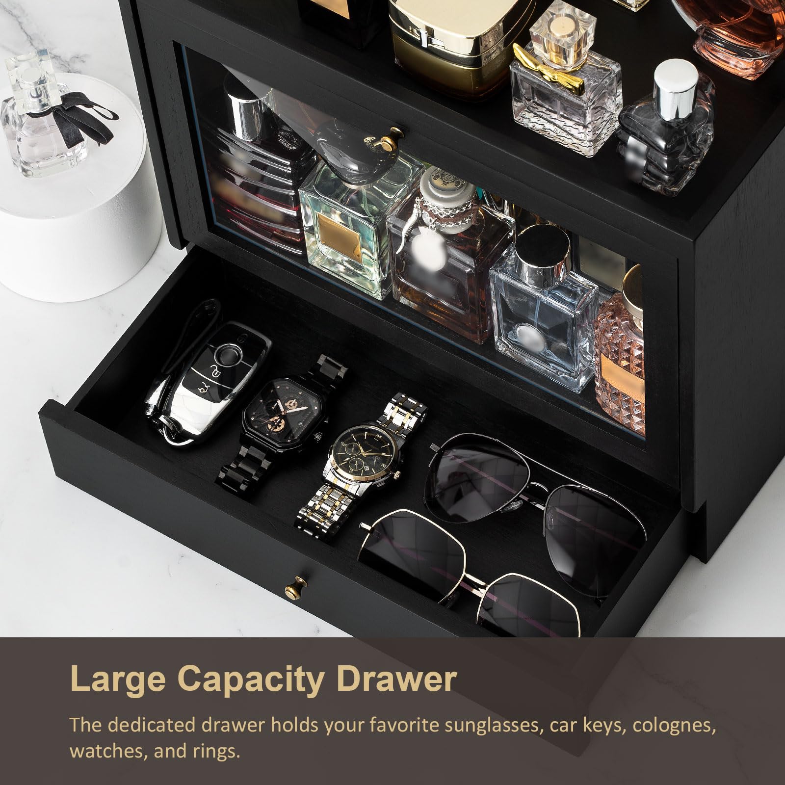 Emfogo three-tier shelf holding varied bottles for organized fragrance access
