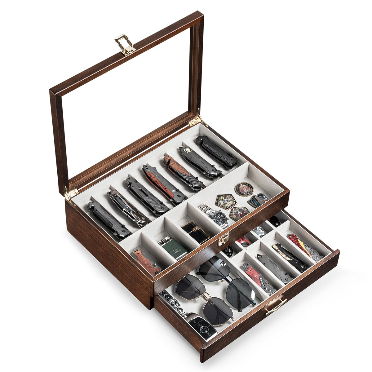 Emfogo walnut case front view with glass top showcasing knives and tidy display