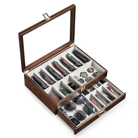 Emfogo walnut case front view with glass top showcasing knives and tidy display
