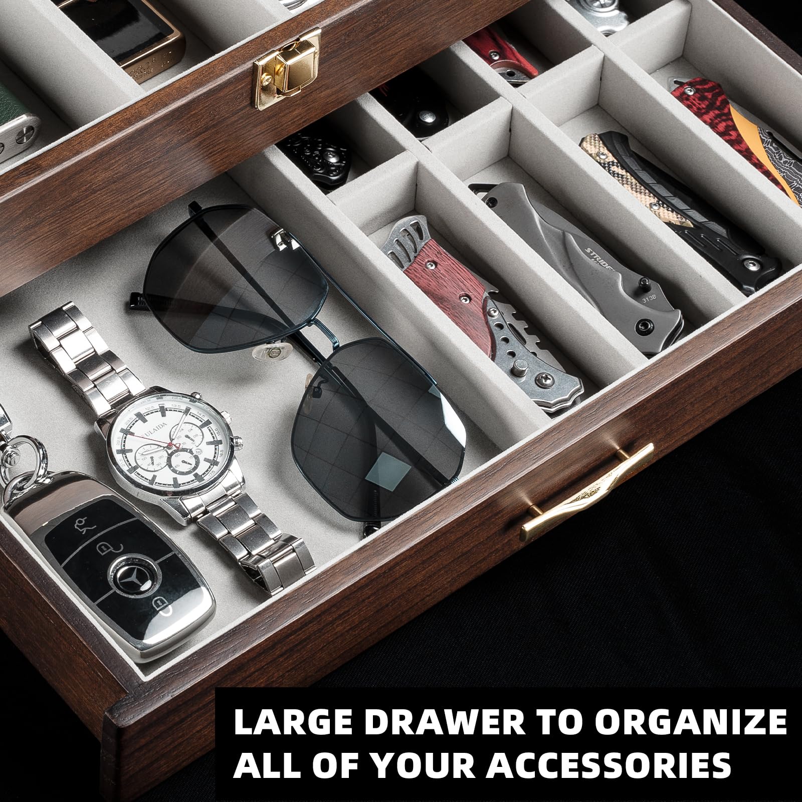 Emfogo lower compartment holding chargers and tools for versatile storage benefit