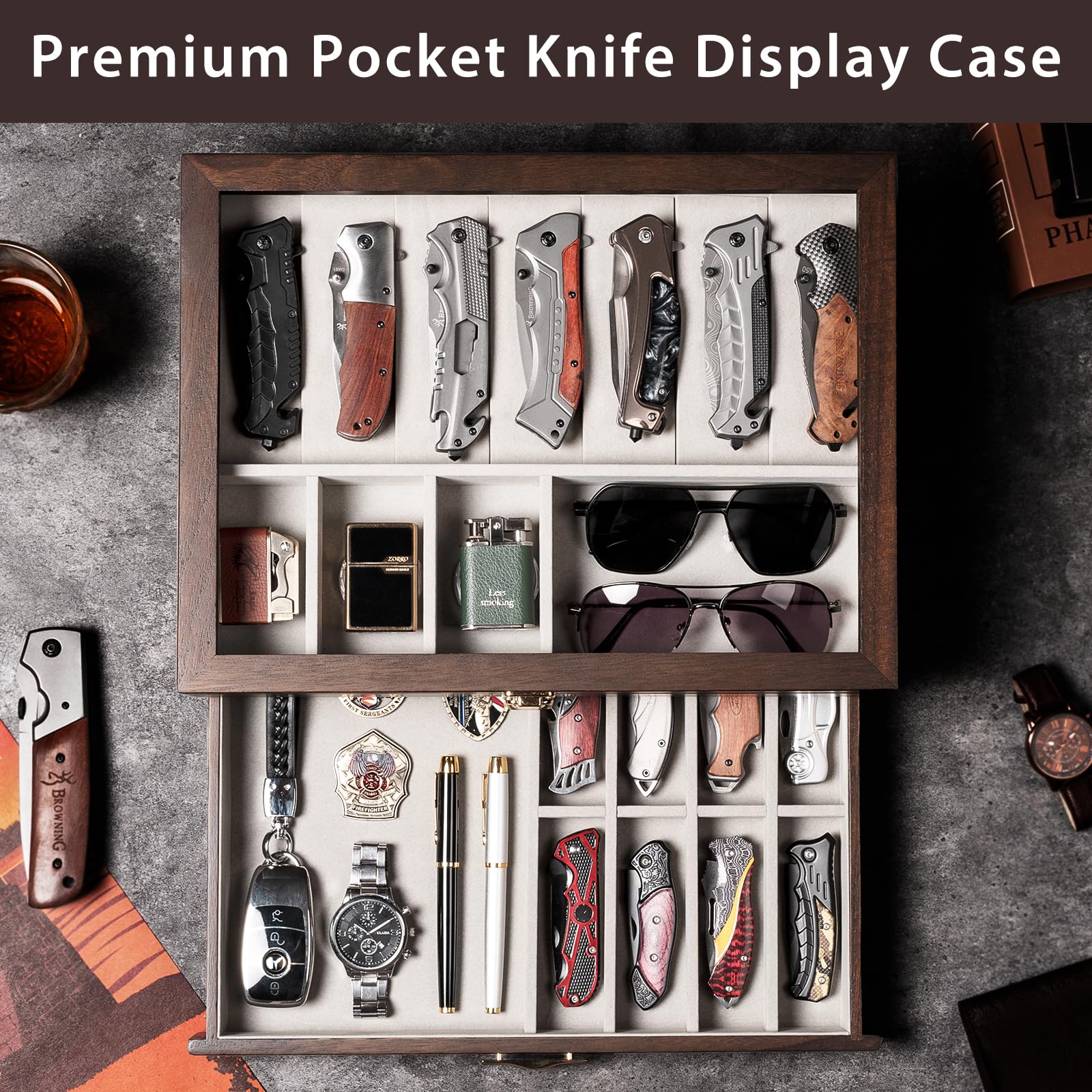 Emfogo open drawers showing organized folding knives and easy access benefit