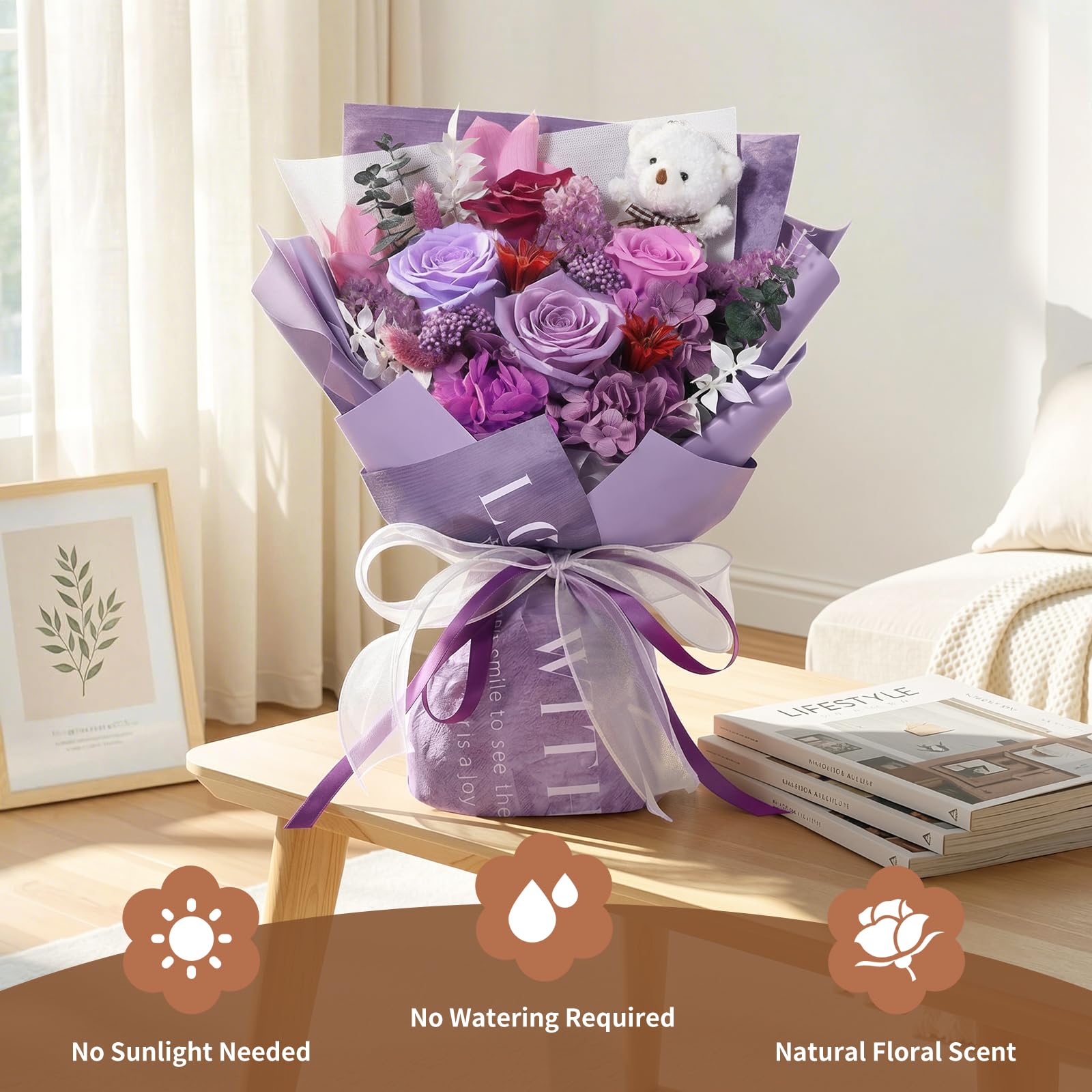 Emibele top view of full arrangement highlighting layered florals and elegant styling