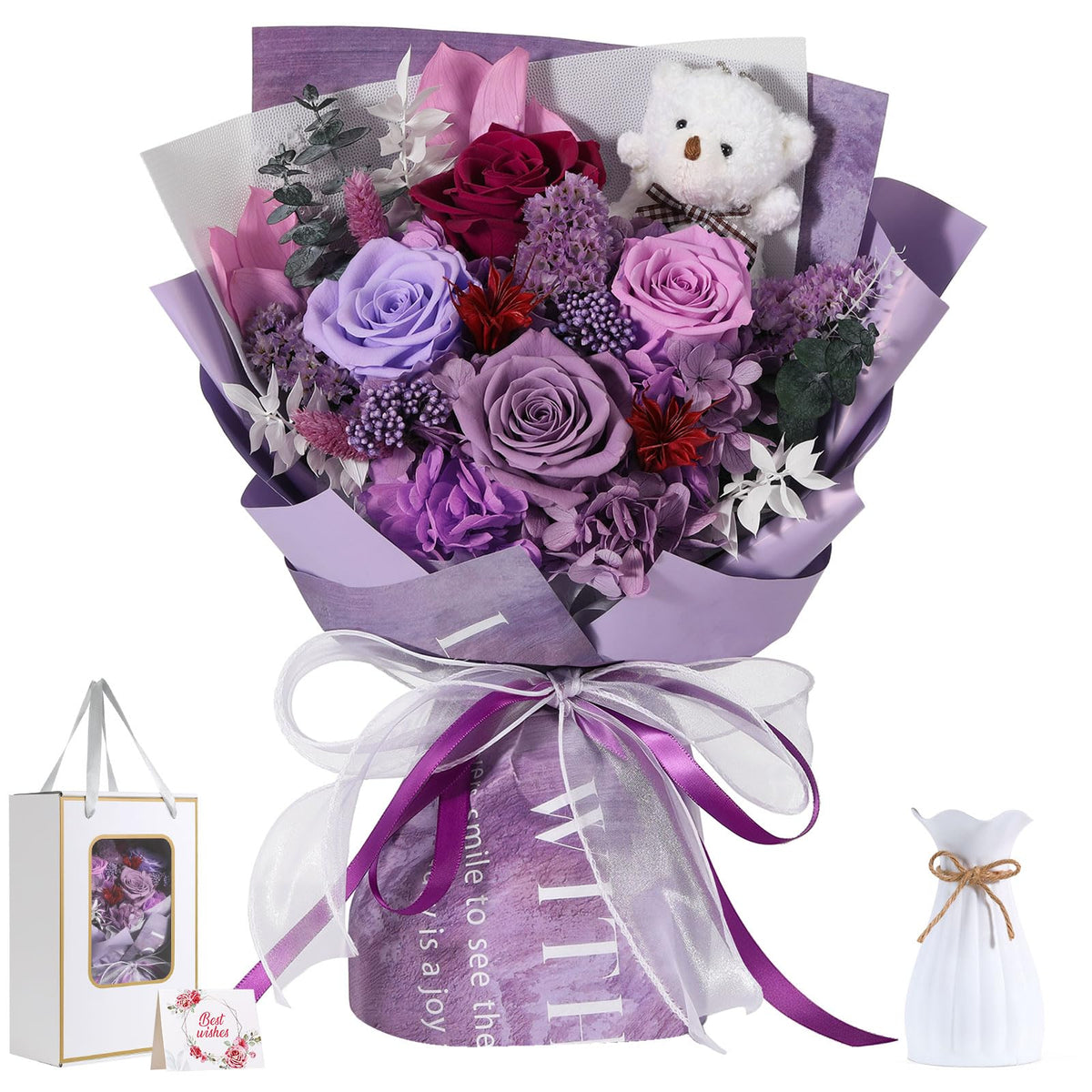 Emibele front box showing bouquet and gift-ready presentation benefit lasting gifting