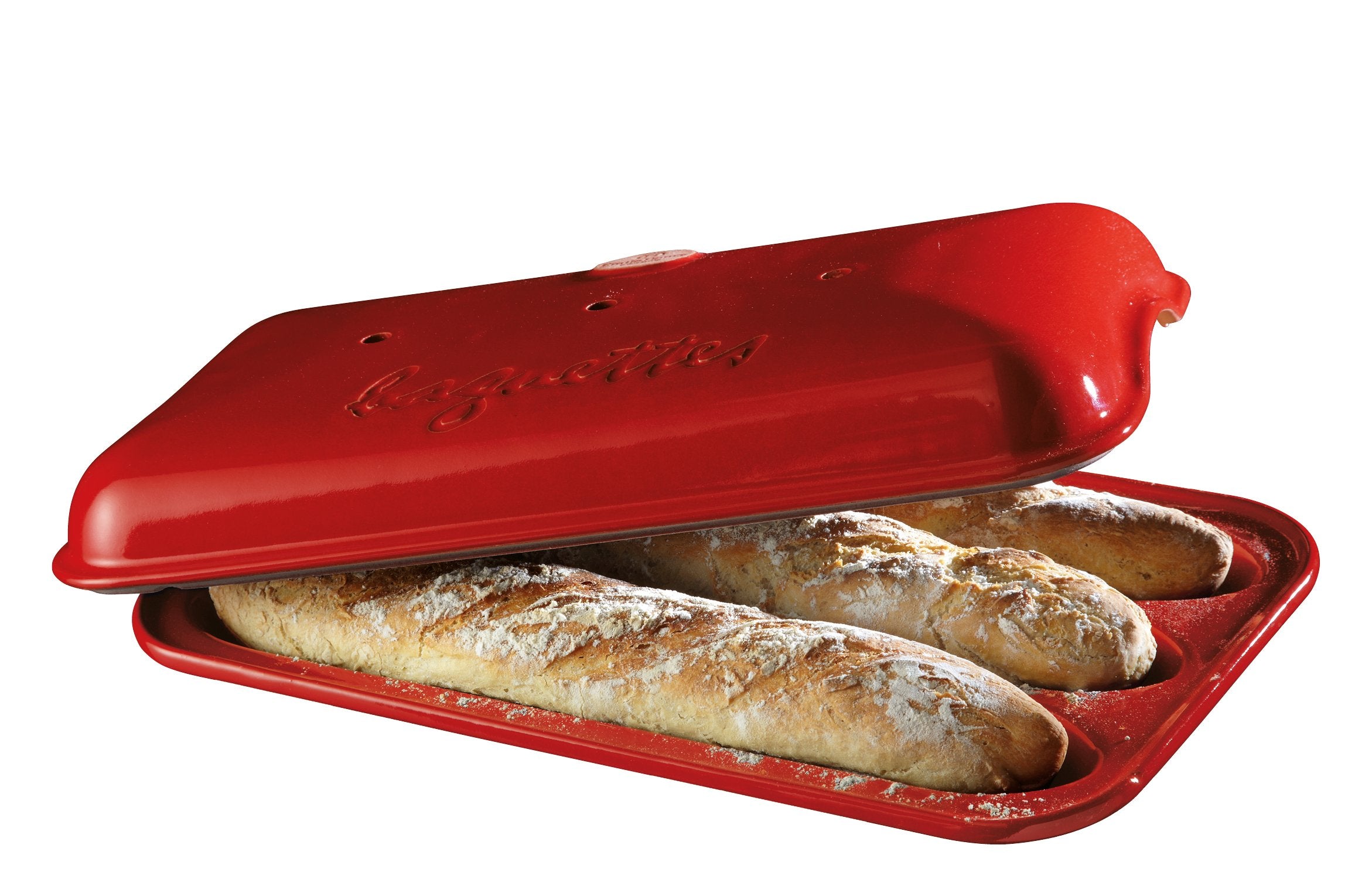 Emile Henry front view of burgundy baguette baker showing three loaf slots and lid, professional results