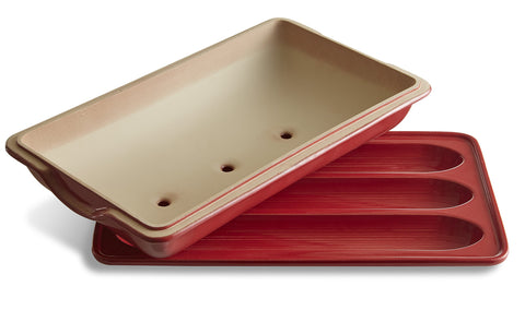 Emile Henry detail of ribbed ceramic base preventing sticking and promoting even browning