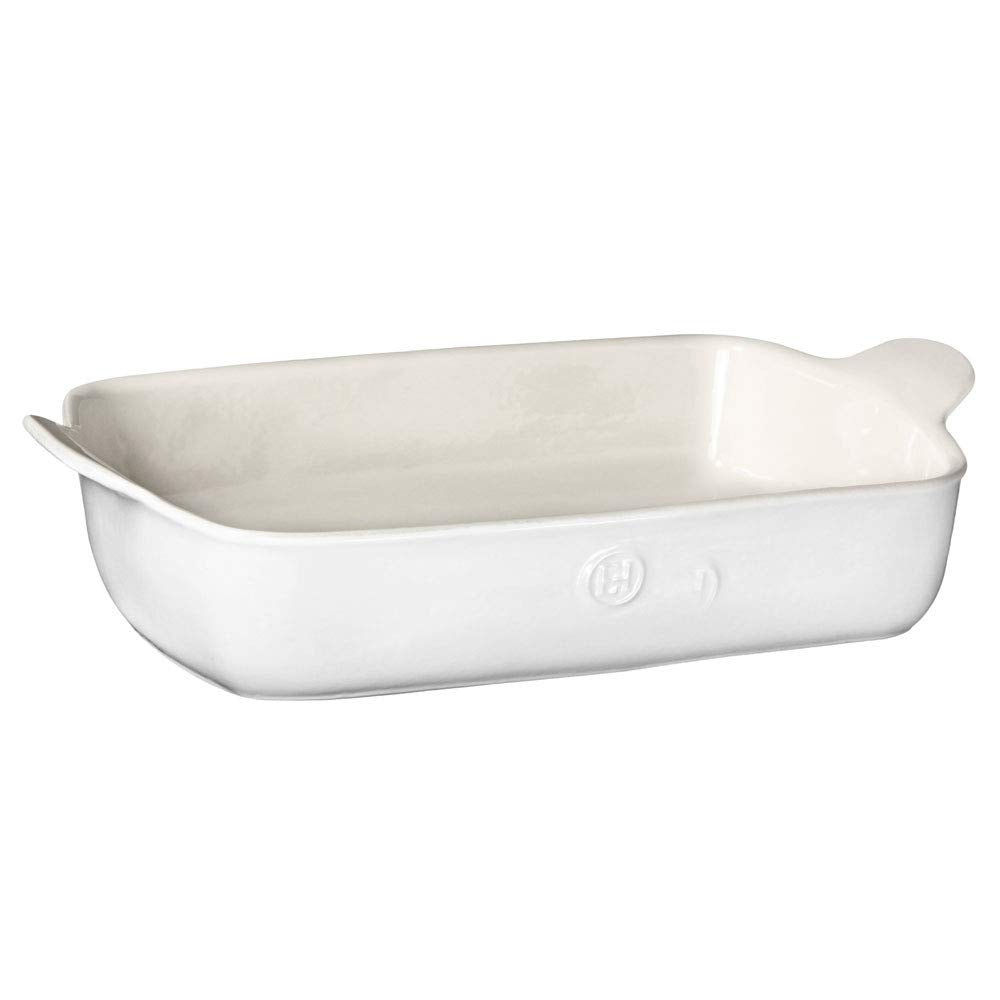 Emile Henry baker front view showing sugar white finish and handles for easy serving