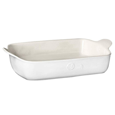 Emile Henry baker front view showing sugar white finish and handles for easy serving