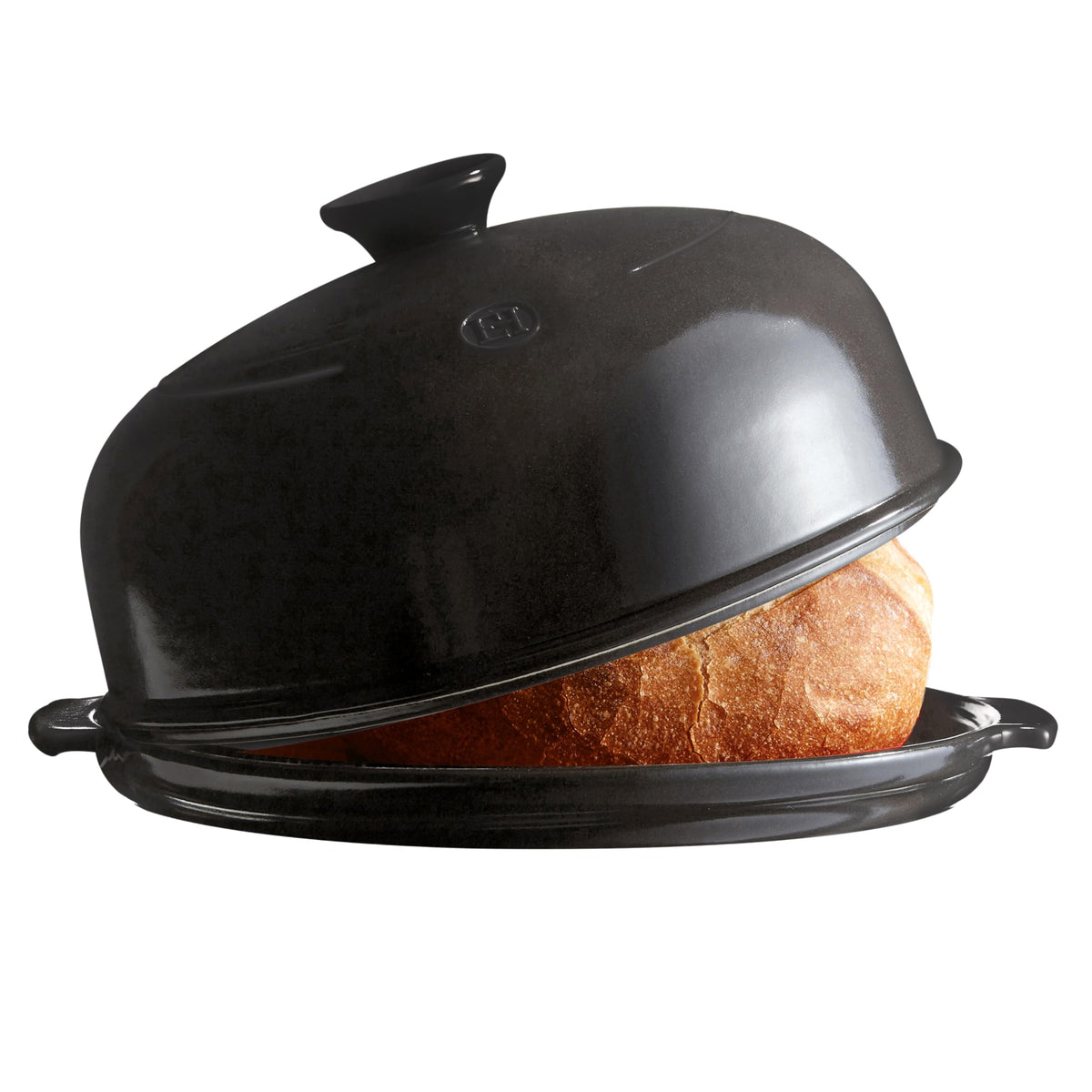 Emile Henry front view of charcoal bread cloche showing durable ceramic benefit