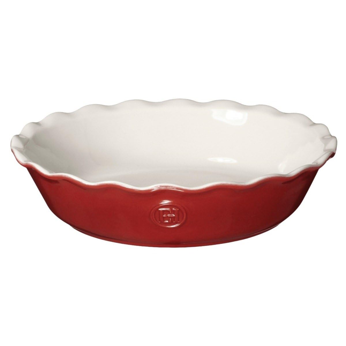 Emile Henry front view of rouge pie dish showing elegant shape and oven-ready design