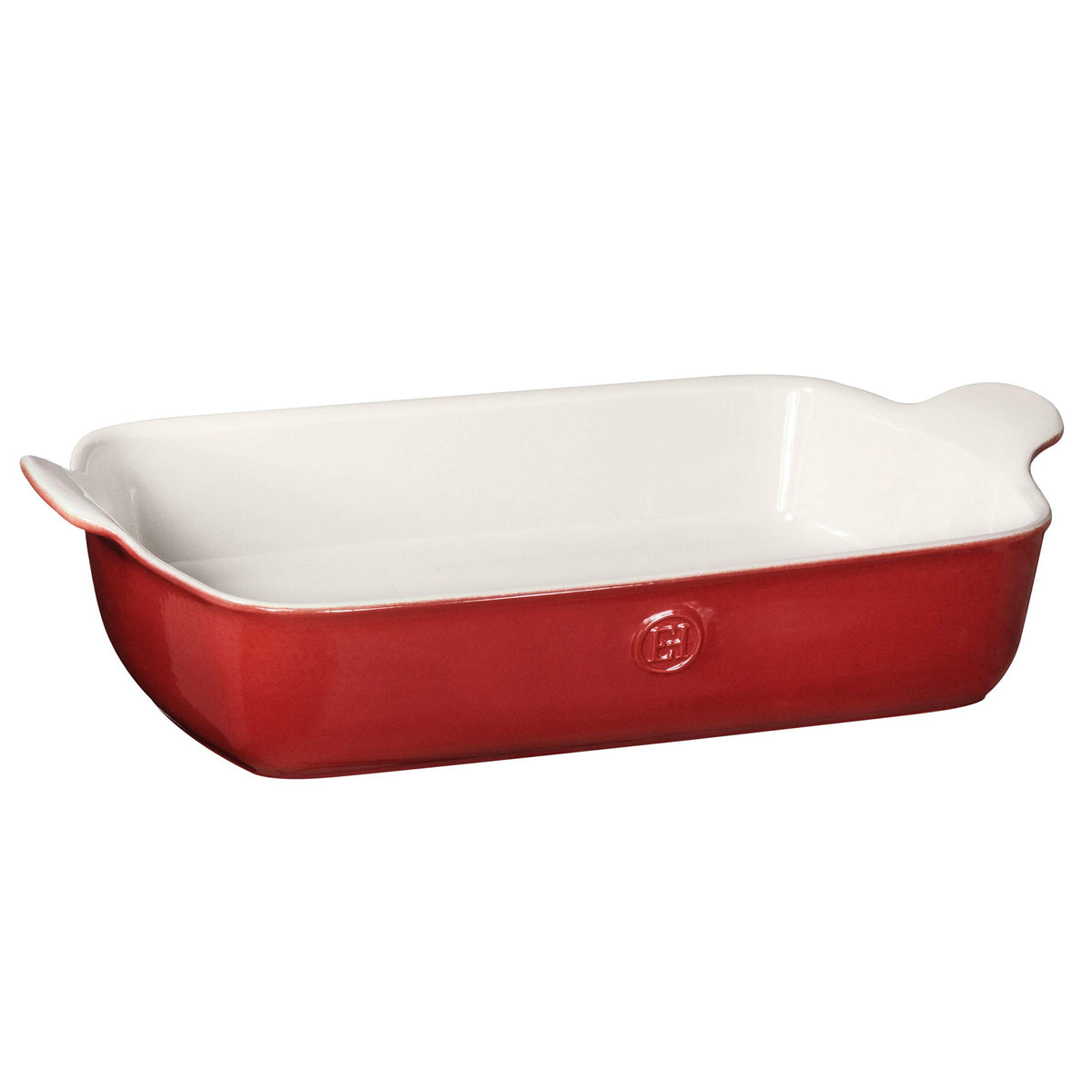 Emile Henry front view of rouge rectangular baker showing elegant finish and capacity
