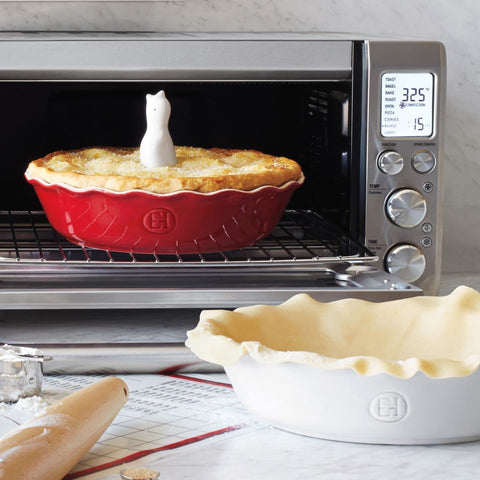 Emile Henry Twilight pie dish on table with pie showcasing oven-to-table presentation benefit
