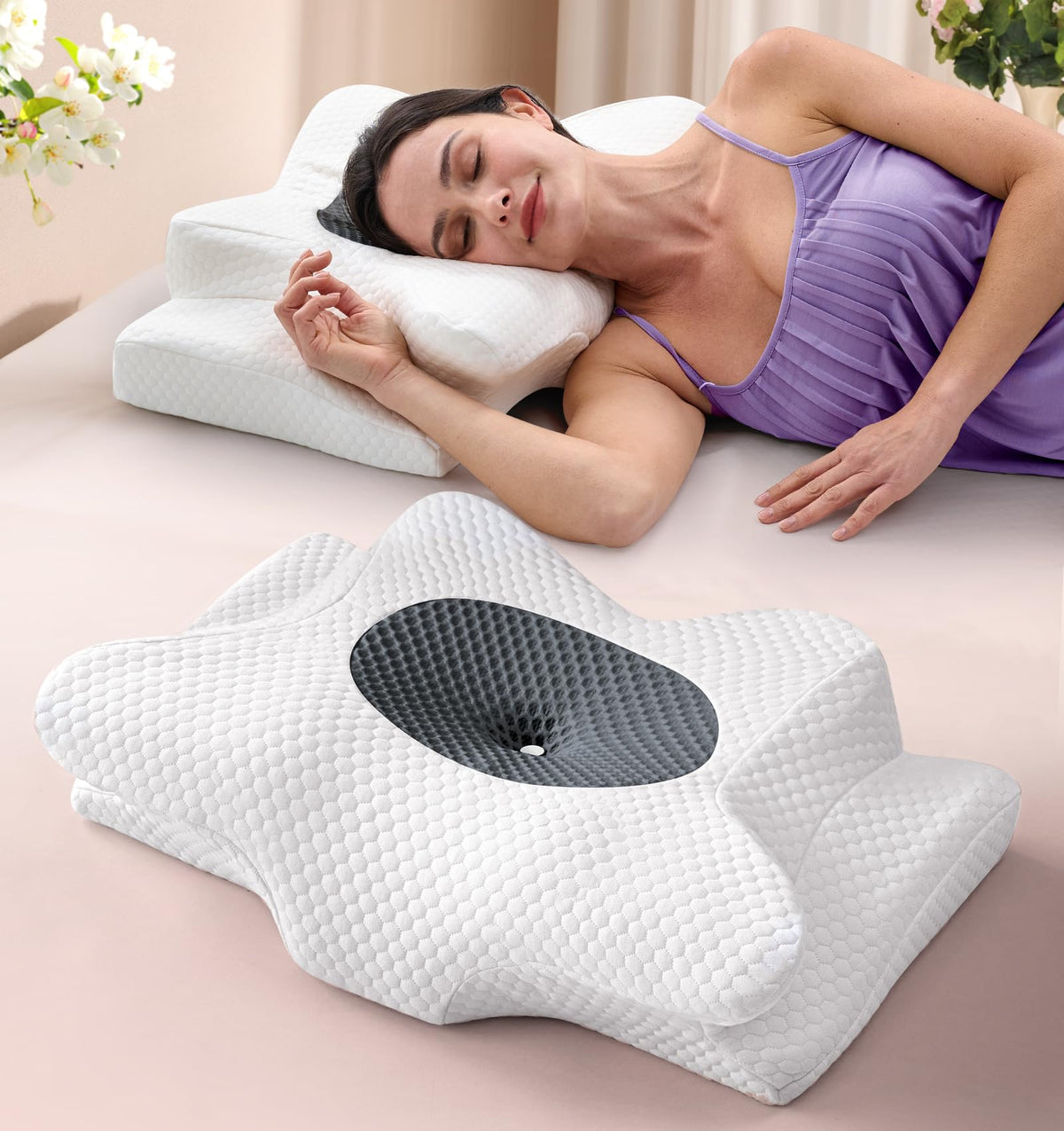 Emircey front view of pillow showing grey cover and ergonomic shape for support